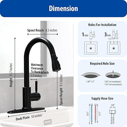 Miniatura 6 de WEWE Grifo de cocina negro, grifo de cocina sin contacto con rociador extraíble, grifos de cocina de un solo mango negro mate, grifo de cocina de