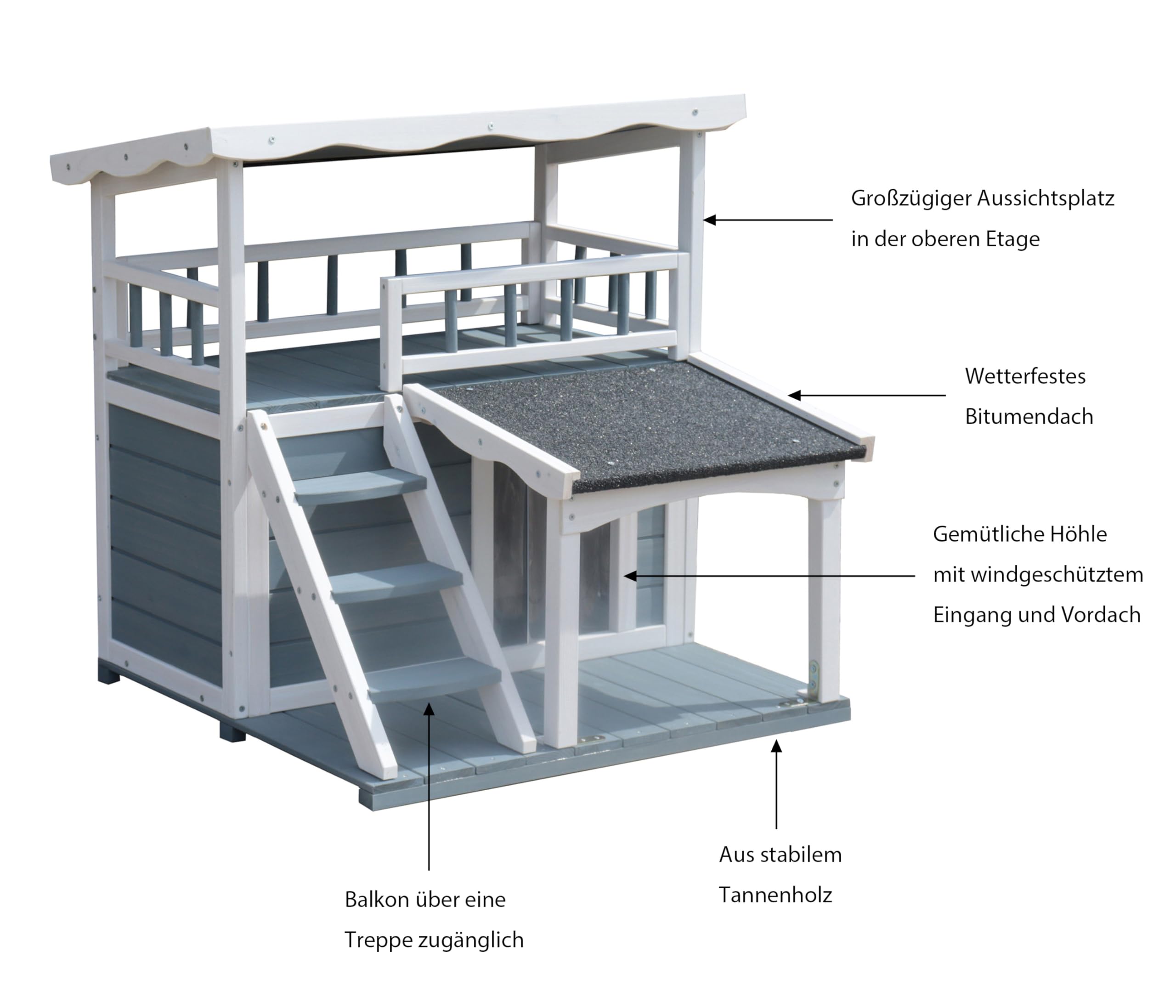 Dehner Lieblinge Katzenhaus Maison, Katzenhöhle Outdoor, Hütte für Katzen, robust, ca. 78 x 75 x 73 cm, Tannenholz, grau/weiß