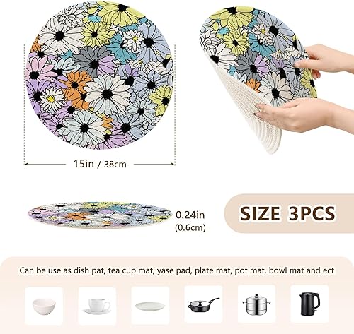 Miniatura 2 de 3 Pcs Hot Pad Trivet Colorful Cartoon Daisy for Hot Pots and Pans 15in Cotton Thread Weave Pan Pad for Teapot Camper Must Haves