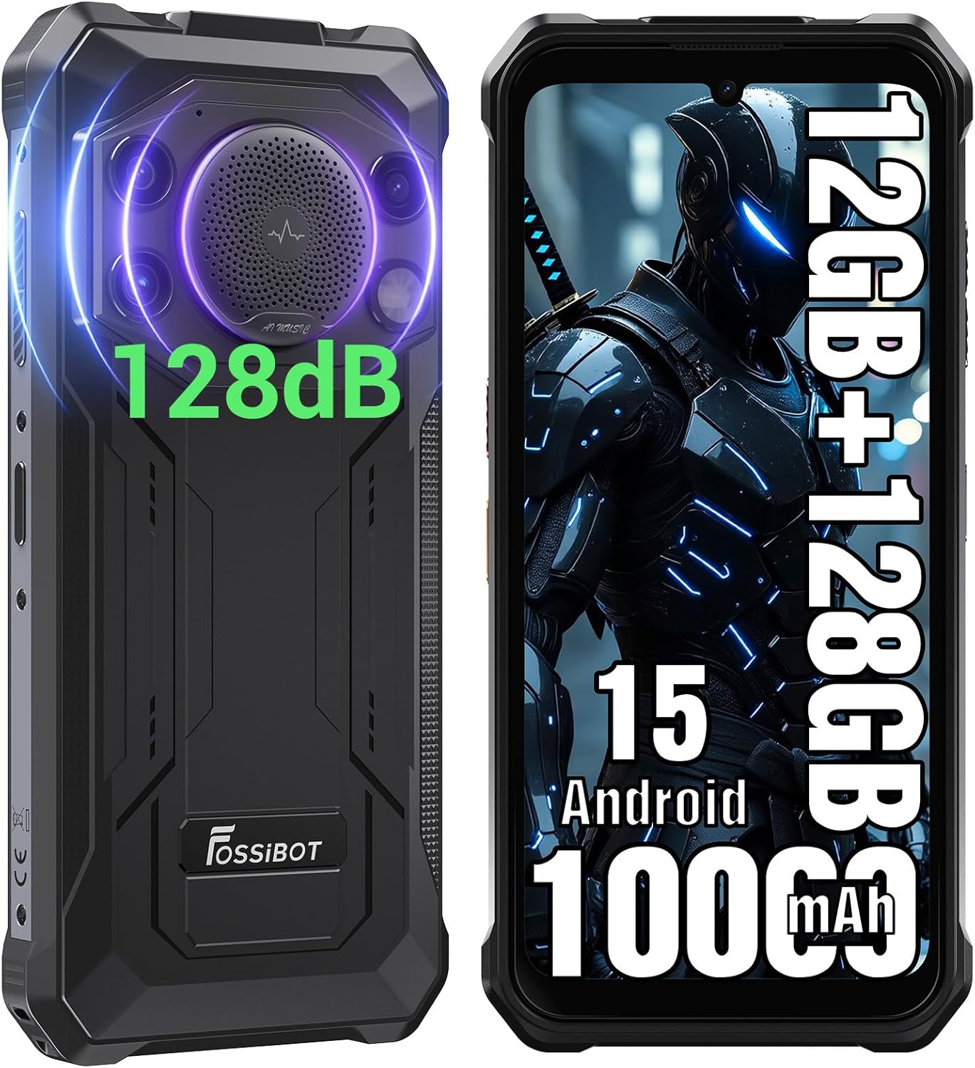 FOSSIBOT F110L 12GB+128GB /2TB Rugged CallPhone Unlocked,10000mAh Android 15 Smartphone,128dB Loud Volume Phone, 6.745" 50MP Camera Waterproof Phone Dual SIM/Camping Light (2026 Black)