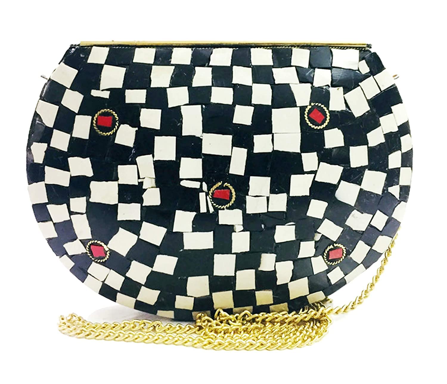 Bolso de metal de mosaico blanco y negro de estilo vintage para ella Bolso de noche étnico hecho a mano bolso de las mujeres (negro)