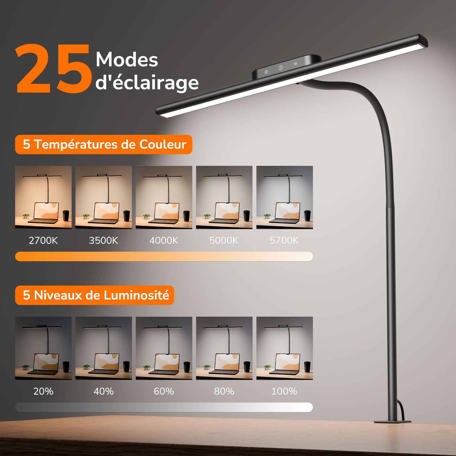 Lepro Lampe de Bureau, Flexible et Réglable Confortable pour les Yeux Gain de Place Large Plage d'éclairage 11W Lampe Bureau Pince, 5 Modes de Couleur et 5 Luminosité, Noir
