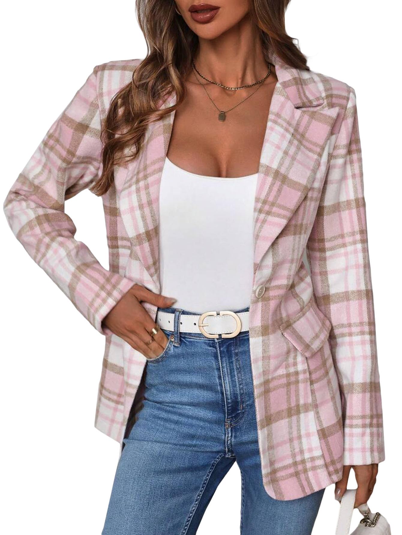 Mina Self 2025 Winter Womens Flannel Plaid Blazer Jacket -Houndstooth Fully-Lined Warm Soft Fitted Casual Work Trendy Pocket