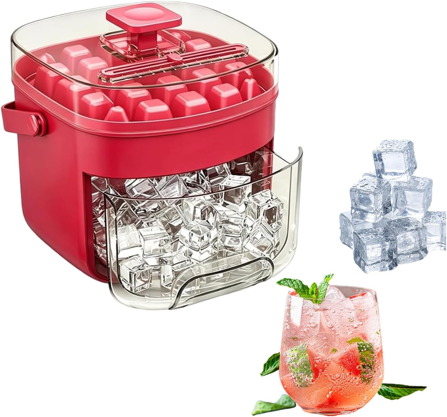 48 Cube Double-Deck Portable Ice Maker, 2026 New Silicone Ice Cube Tray with Easy Press Lid, One-Second Release Storage Bin and Tongs for Freezer, Whiskey, Cocktail, Camping and Parties (Red)