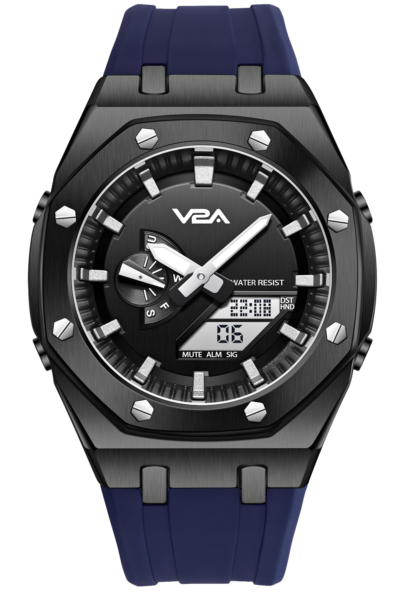 V2A Silicone Allure Octagonal Screw Case Analogue-Digital Watch Men, Silicon Band, 30M Water Resistant, 5 Alarms, World Time, Countdown, Stopwatch | Birthday Gift Men(Black-Green)(Blue-Black) (B0DHLHC1YM) Amazon Price History, Amazon Price Tracker