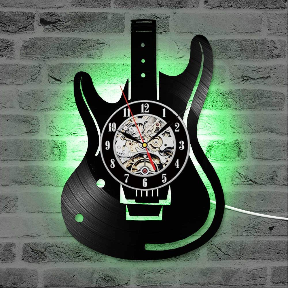 Chitarra Disco in vinile Orologio da parete Strumento musicale antico CD Orologi LED Decorazioni per la casa Orologio da appendere silenzioso creativo per gli amanti della musica Regali per la festa