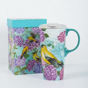 17oz Goldfinch Hydrangea Ceramic Travel Mug with Lid, Teal Bird Floral Coffee Mug with Gift Box, Microwave & Dishwasher Safe Latte Tea Cup for Home Office Commute