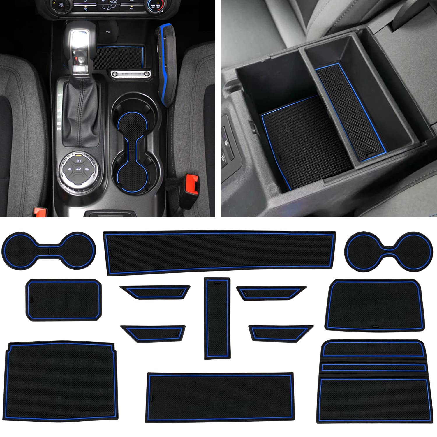 Photo 1 of LOCOY Center Console Liner Fit for Ford Bronco Automatic Transmission Accessories 2021 2022 2023 Cup Holder Insert, Door Pocket Mat, Custom Interior Non-Slip Pad, Rubber Coaster (13Pcs, Blue, 4Doors)
