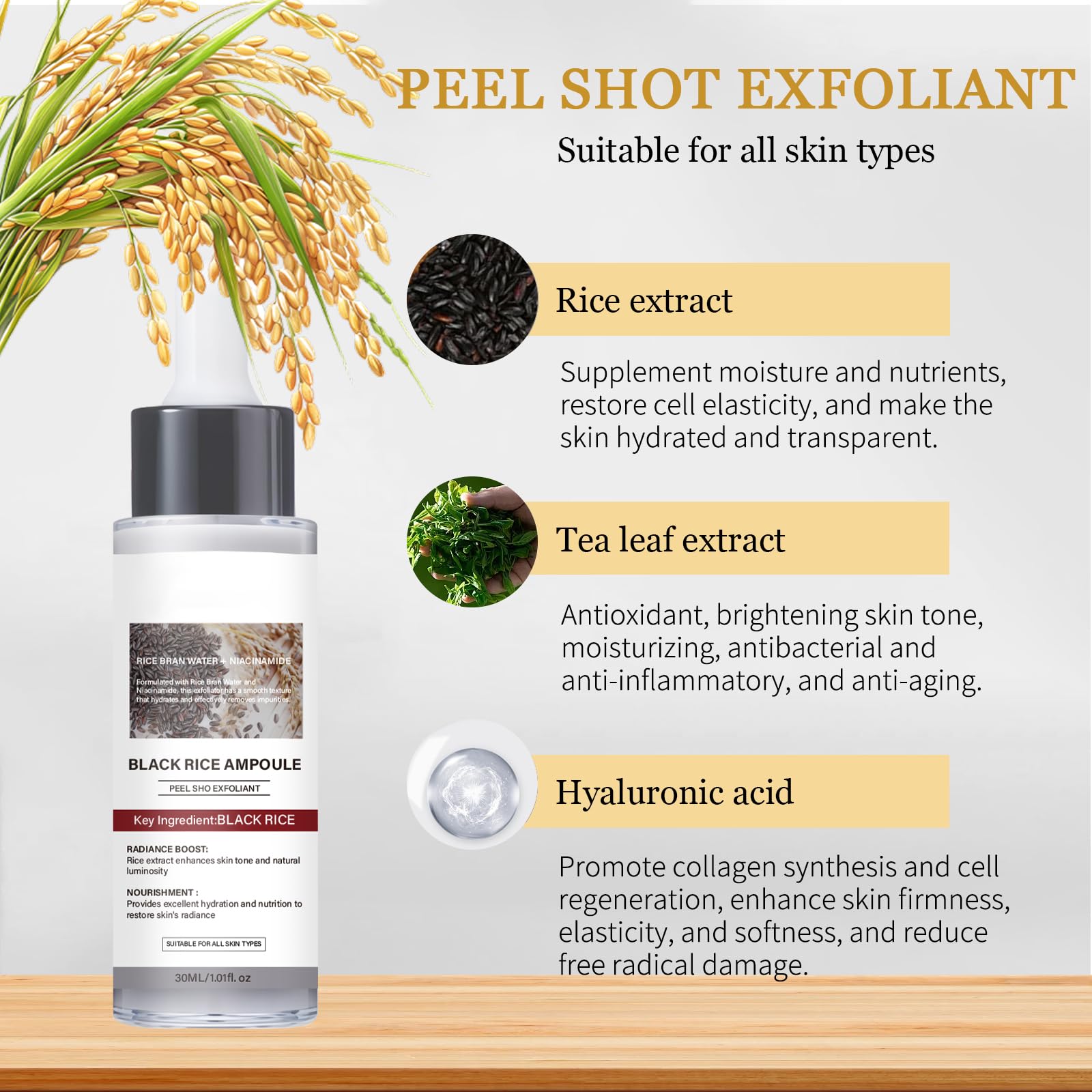 Peel Shot Glow Rice Ampoule Duo, 2PCS Siero Coreano Esfoliante al Riso Bianco & Nero, Delicato Viso Peeling, Rimuove Cellule Morte, Elimina Punti Neri, Pulisce Pori, Idrata Profondo