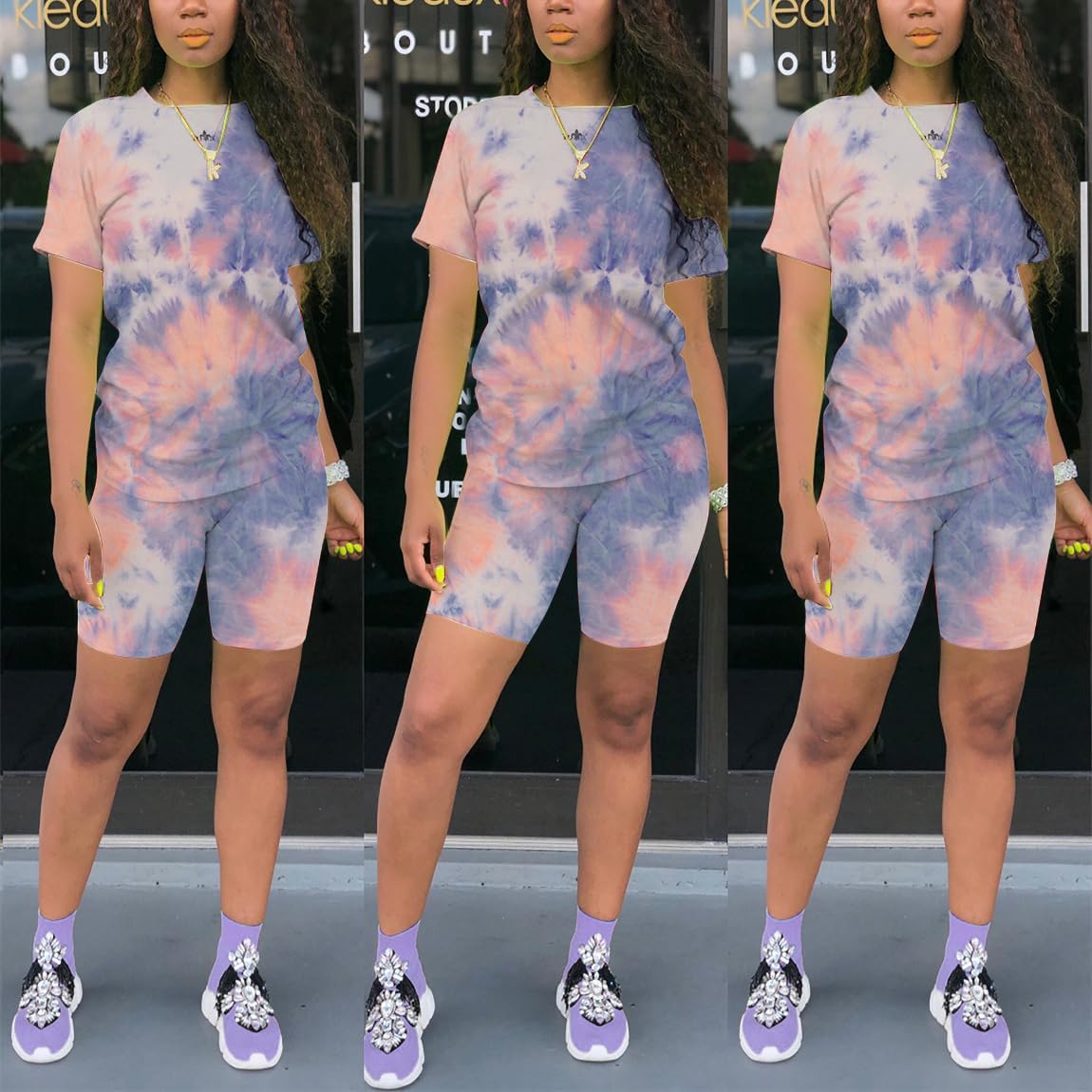 KINIKO Women's 2 Piece Casual Fashion Sports Solid Color Suit short Sleeve top and Pants Set Sweatshirt - Image 3