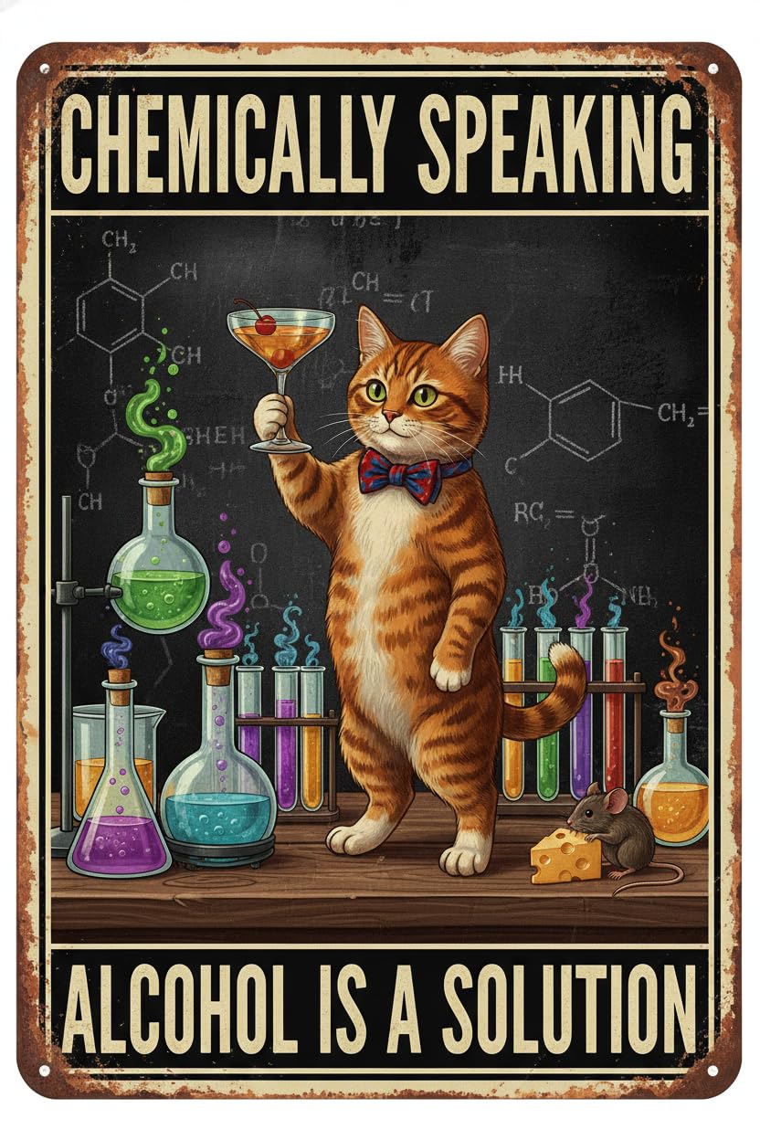 Vintage Metal Tin Sign Metal Tin Sign Cat Chemically Speaking Alcohol Is A Solution Cat Funny Tin Sign For Bar Kitchen Cafe Wall Decoration 8X12 Inches Custom Private Property Signs Outdoor