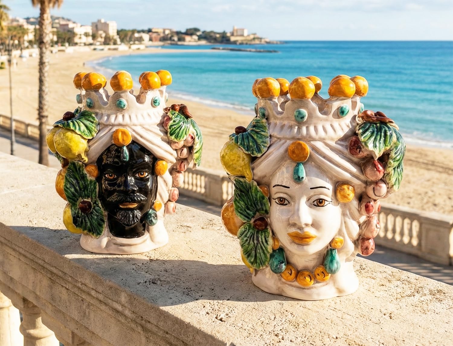 Cabezas de moro de Caltagirone: pareja de cerámica siciliana artesanal con uvas de 20 cm