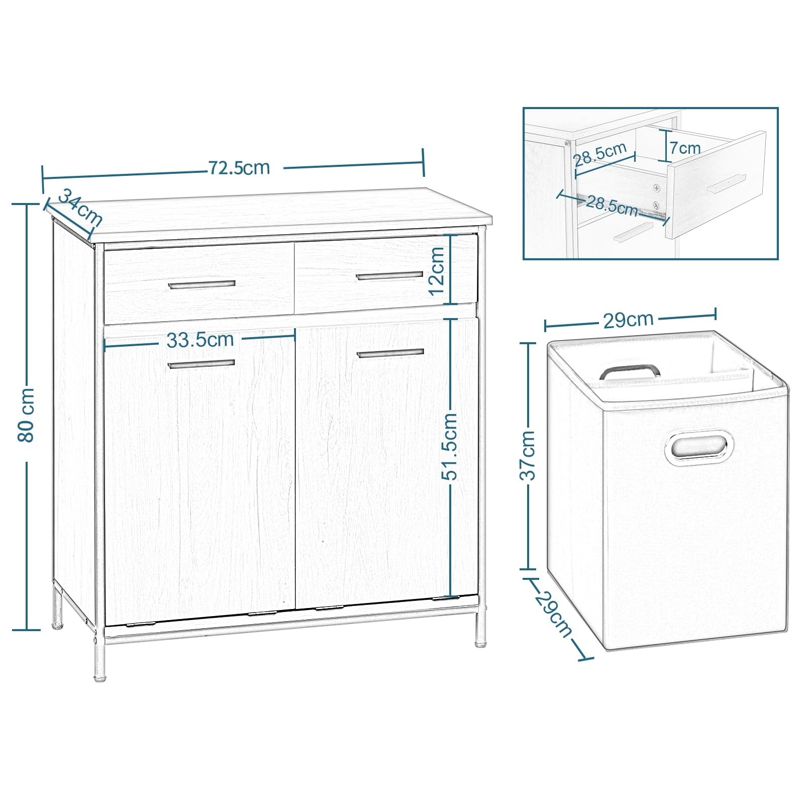 EUGAD Meuble de Salle de Bain, Placard de Rangement, avec Sac Intérieur Amovible avec Poignées, 40 x 78,9 x 80,2 cm, 2 Tiroirs et 2 Paniers à Linge, Meuble de Rangement, Chêne Clair + Noir, 0233WY