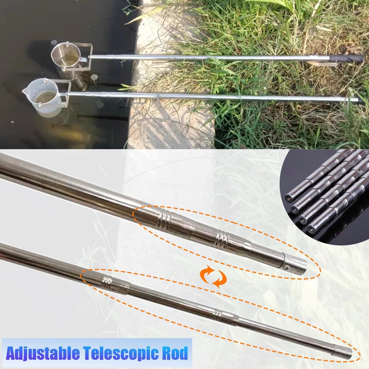 Campionatore d'acqua per campionamento fisso o oscillante, palo telescopico con becher, portata di 1.5-6m