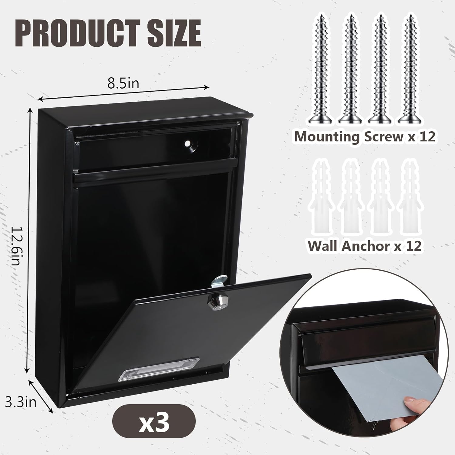 3 Pcs Locking Mailboxes Wall Mounted, 12.6 x 8.5 x 3.3 in Vertical Key Lock Drop Mailboxes with Lock and Slot, Metal Cover Rust-Proof Post Box Suggestion Donation Box, Black Galvanized Steel