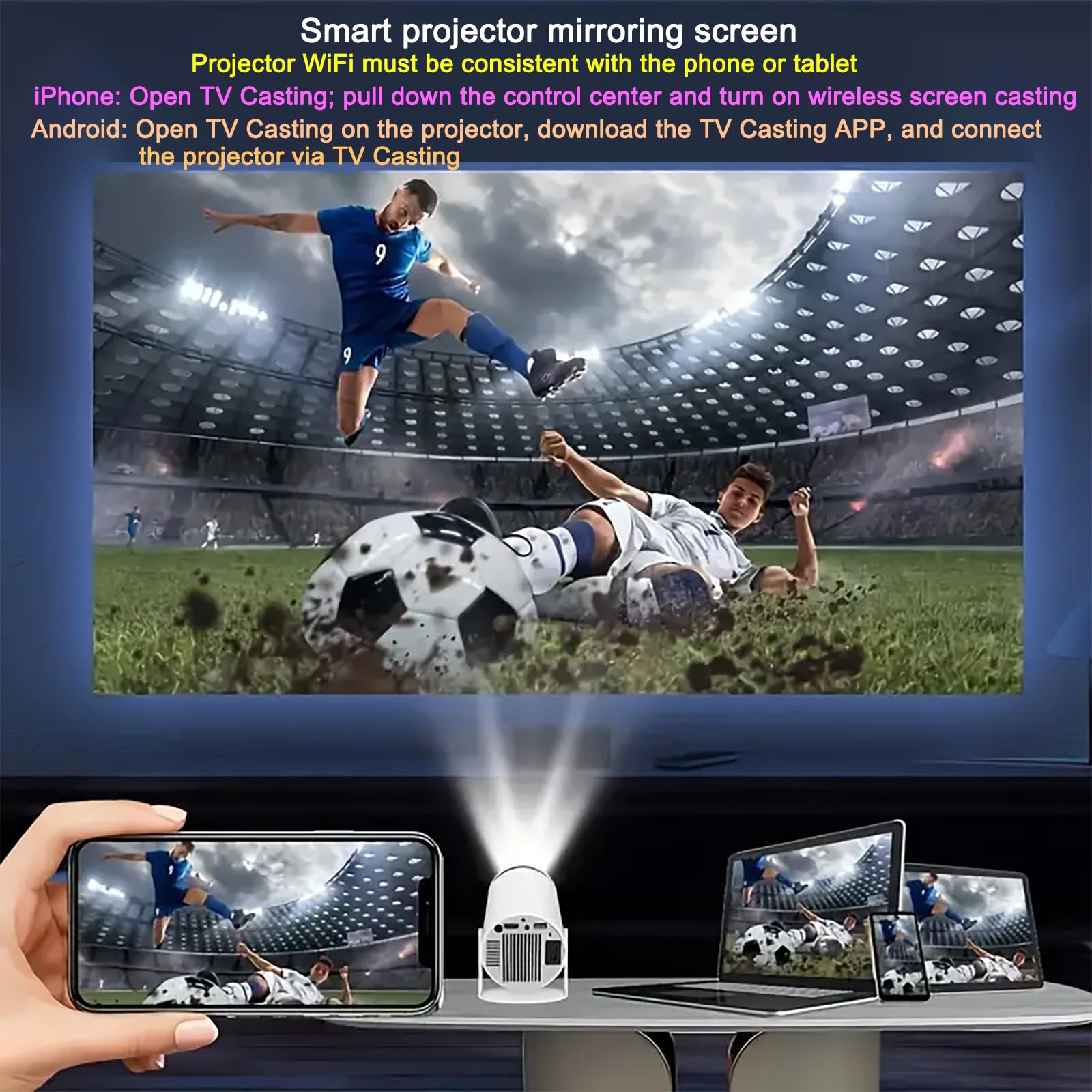 HY300 Projector with WIFI6 and Bluetooth, 4K 1080P Support Mini Portable Projector 180 Rotatable 150'' Screen Movie Projector Auto Keystone Compatible for Laptop, PC, Smartphone — Amazon image 7
