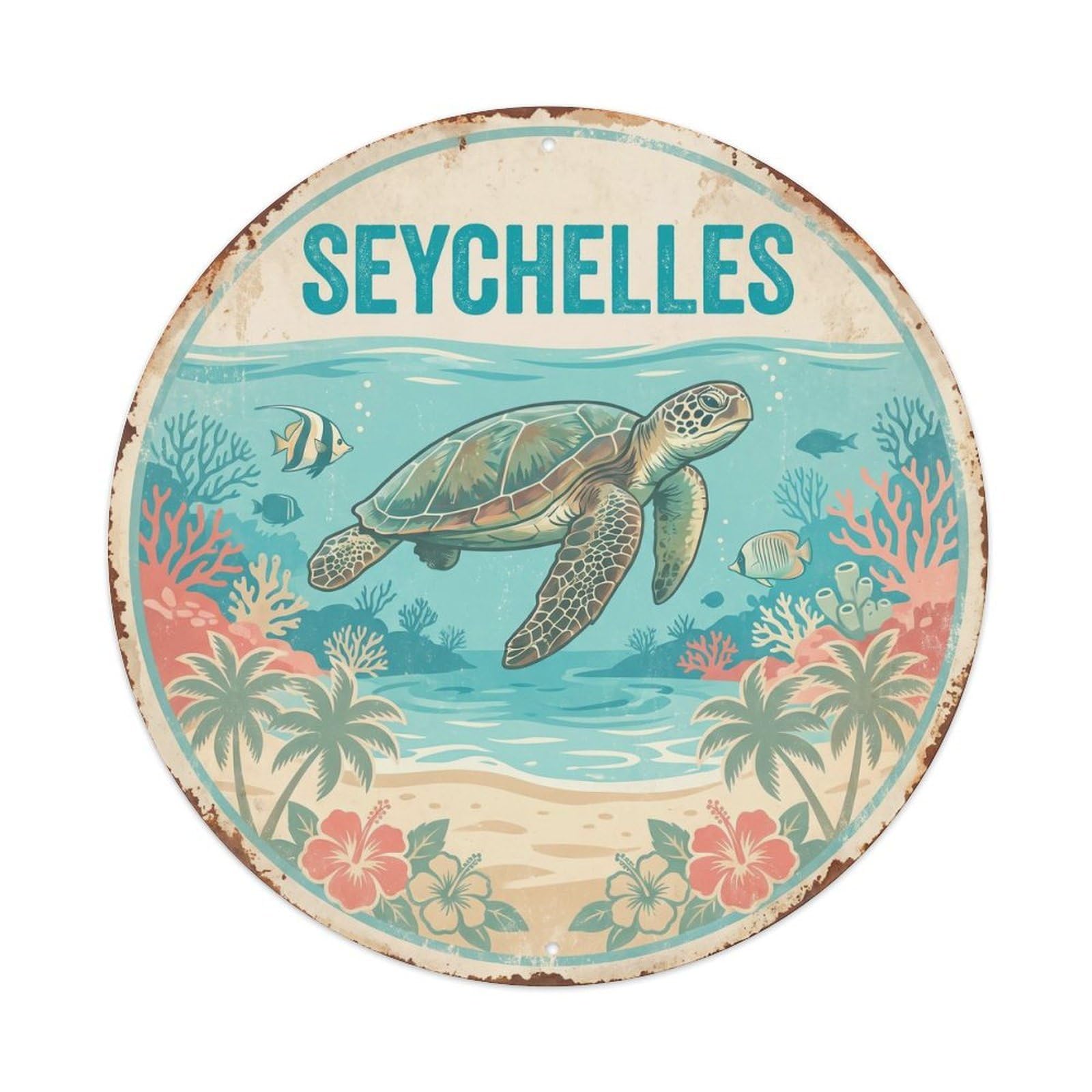 Seychelles Sea Turtle Coral Lagoon Metal Tin Sign
