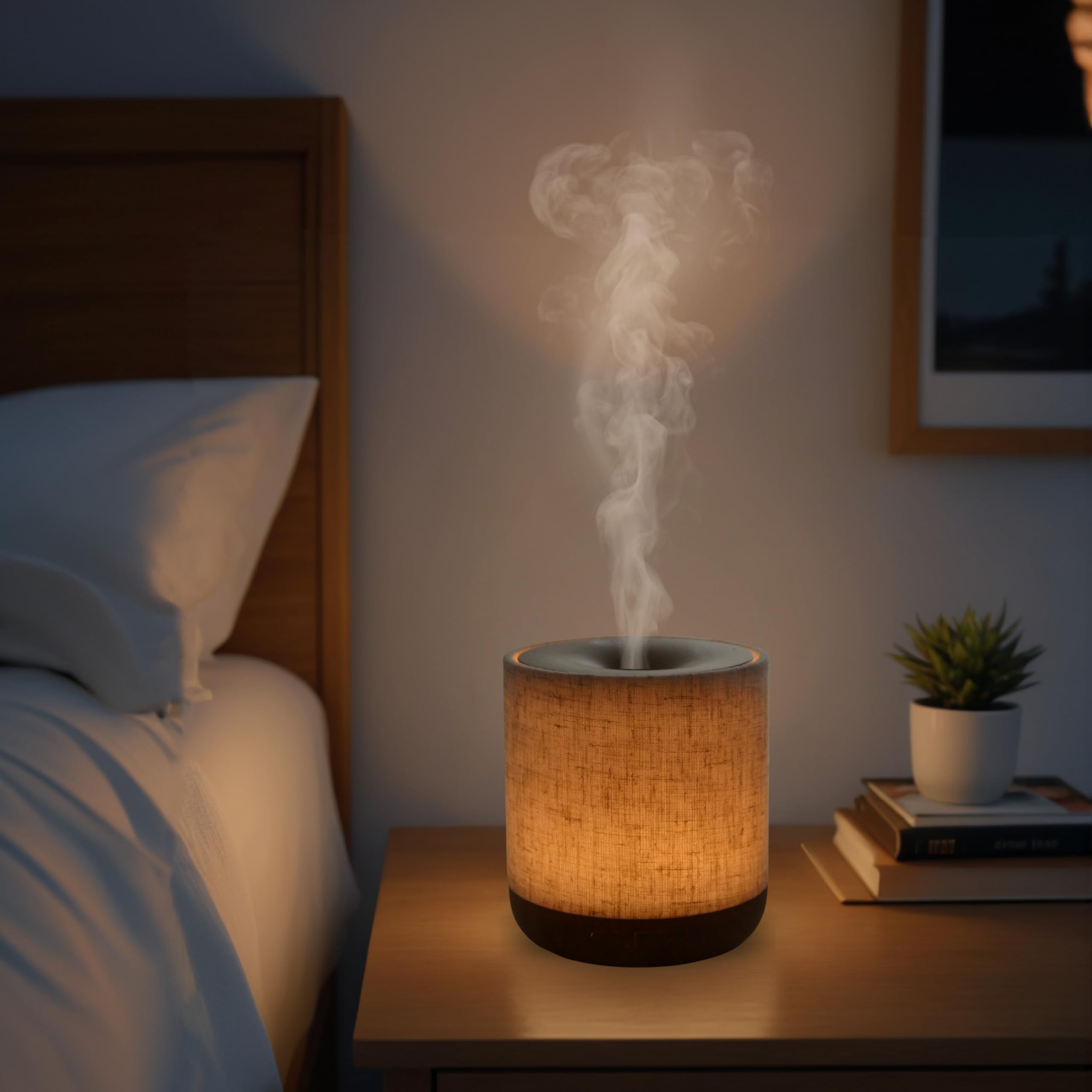Zen’Arôme Diffuseur Ultrasonique Alesia – Diffusion Huile Essentielle à Froid Aromathérapie – Design Original, Coque en Toile de Lin et Revêtement Couleur Bois – Diffusion + Éclairage Personnalisables