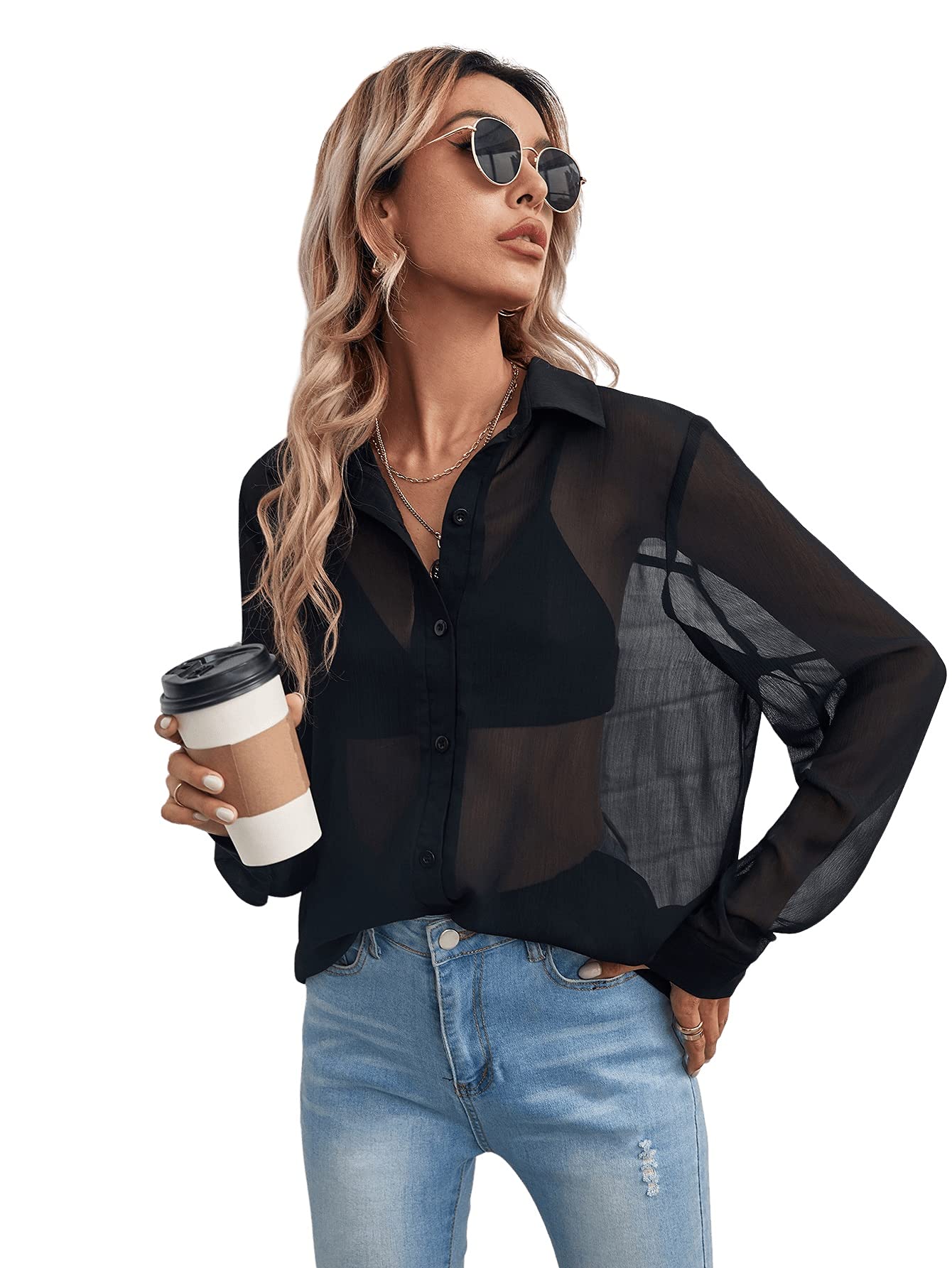 Floerns Blusa de Manga Corta con Botones de Malla Transparente para Mujer
