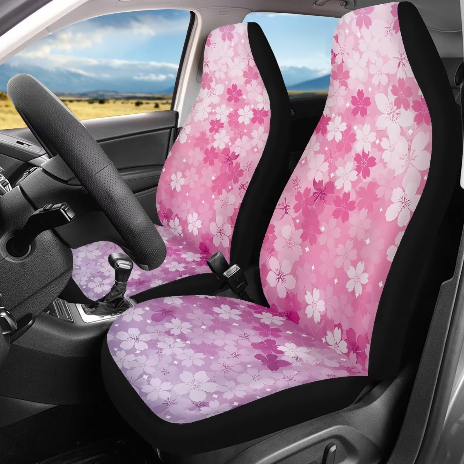 Howilath Pink Cherry Blossom 2 Piece Car Seat Cushion Cover Auto Accessories Anti-Slip Universal Fit Car Seat Protector Easy to Install