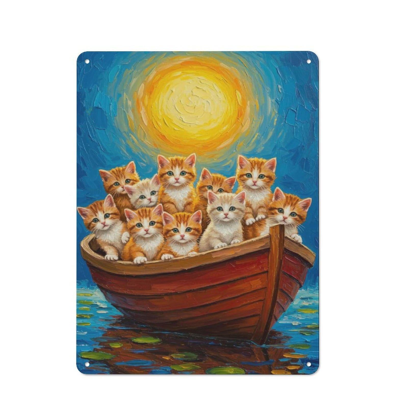Junmoney Style-10 Kittens In A Boat Painting Outdoor Room Metal Wall Decor 40X30cm, Rustic Tin Sign For Shed, Garden Room, Porch Or Garage