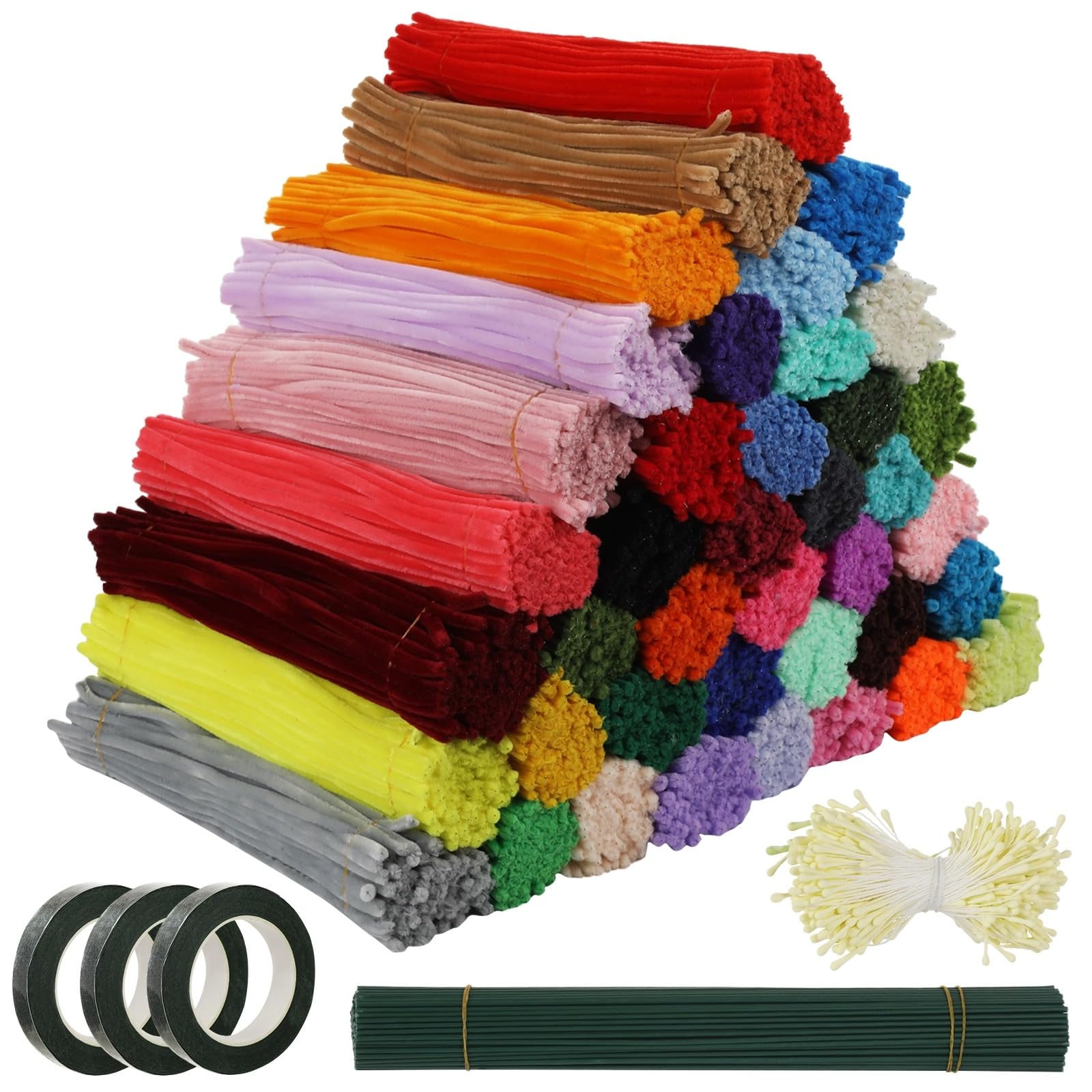 Lot de 4 000 cure-pipes pour loisirs créatifs, tiges chenille en 40 couleurs, 100 tiges de fleurs, 3 rouleaux de ruban adhésif floral et étamines, bâtons torsadés pliables de 30 cm