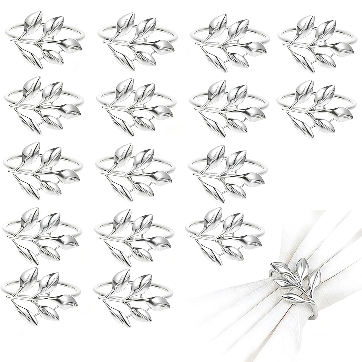 Uqingo 16PCS Silver Napkin Rings Metal Leaf Napkin Holder, Serviette Ring Holder Buckles Set for Table Decor, Wedding, Party Dinner Banquet, Valentine Day Thanksgiving Christmas Anniversary (One Size)
