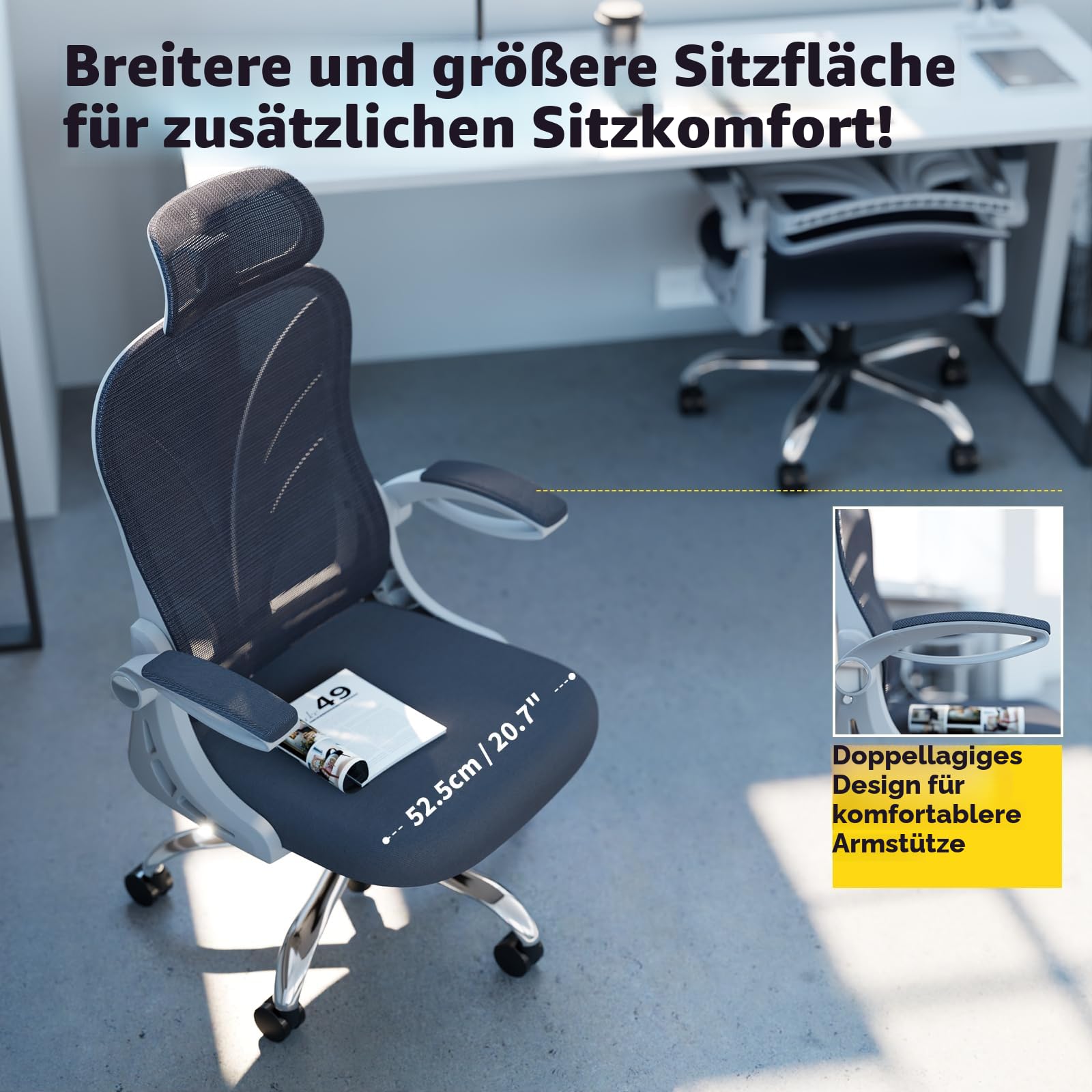 HOLLUDLE Ergonomischer Bürostuhl mit Klappbarer Rückenlehne, Schreibtischstuhl mit 2D Kopfstütze, Hochklappbaren Armlehnen und Mesh Lendenwirbelstütze Drehstuhl Computerstuhl, Weiß