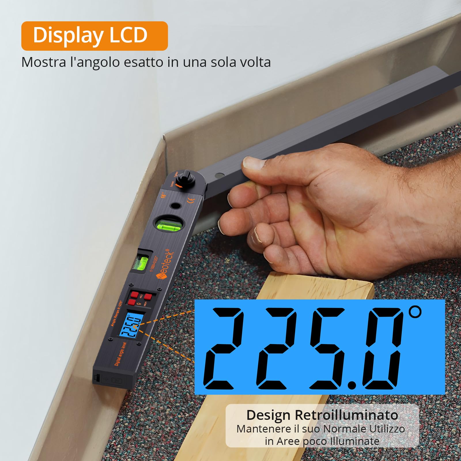 Neoteck 400mm Angle Finder Digitale 0~225° Inclinometro Digitale LCD Retroilluminato + Goniometro Inclinometro Digitale con Display a LED Angle Finder Digitale Ricaricabile Inclinometro Goniometro