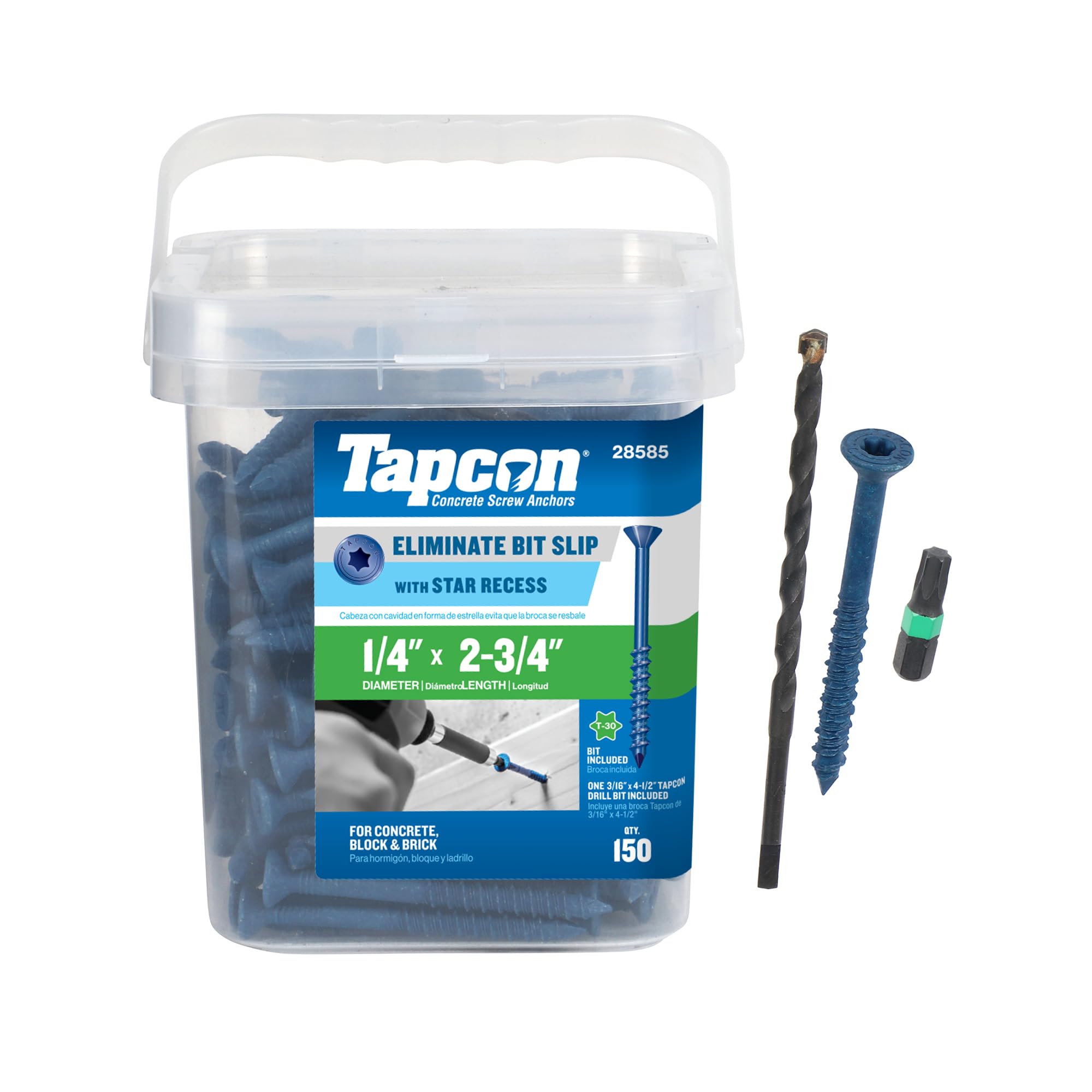 Tapcon 28585 - Anclajes de hormigón con cabeza de corneta azul Star Drive 1/4 x 2-3/4 150/caja