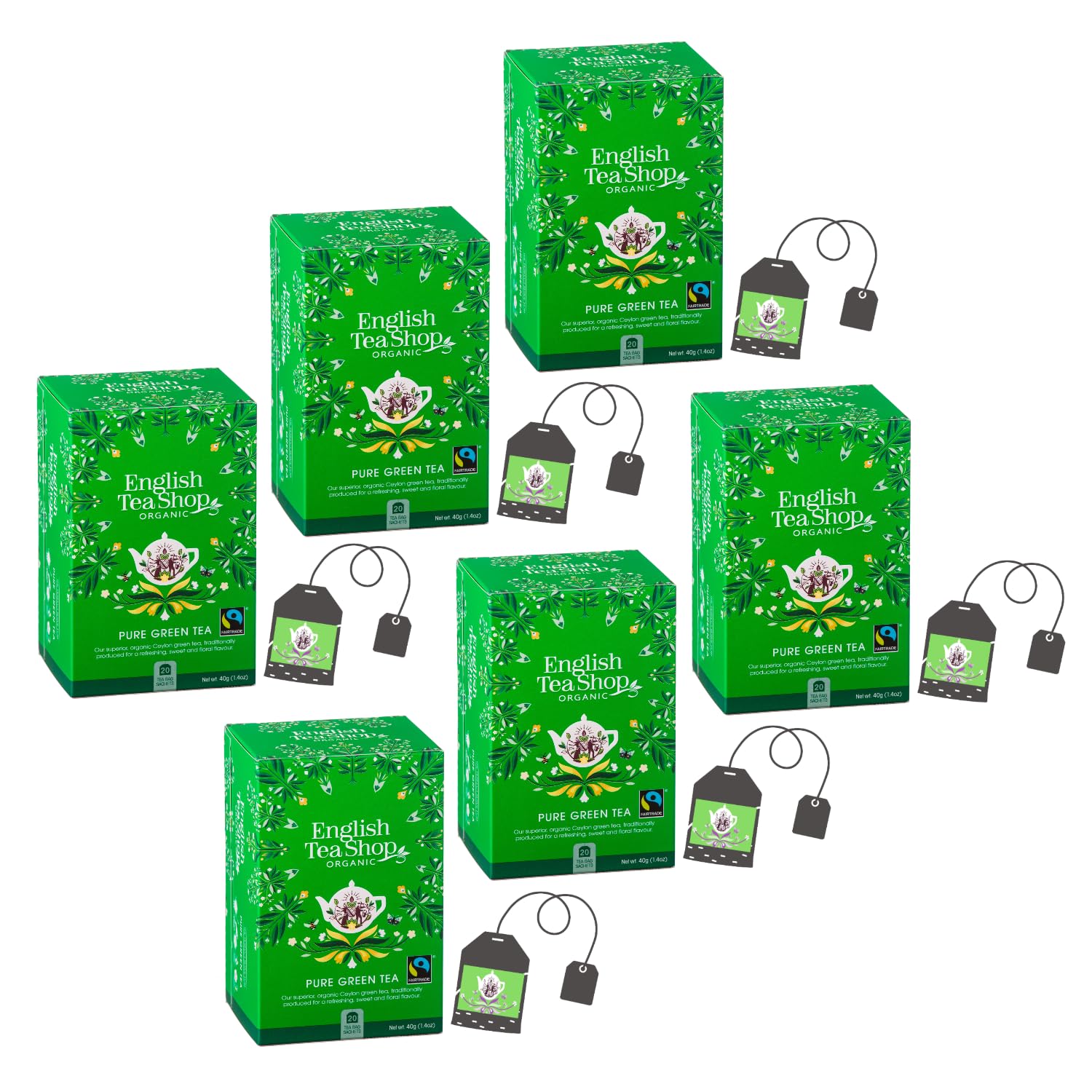 English Tea Shop | Zielona herbata cejlońska czysta bio pojedyncze saszetki | Zielona herbata owocowa profile aromatyczne zapachowe nuty morelowe - pudełko ekologiczne (6 x 20 filtrów)