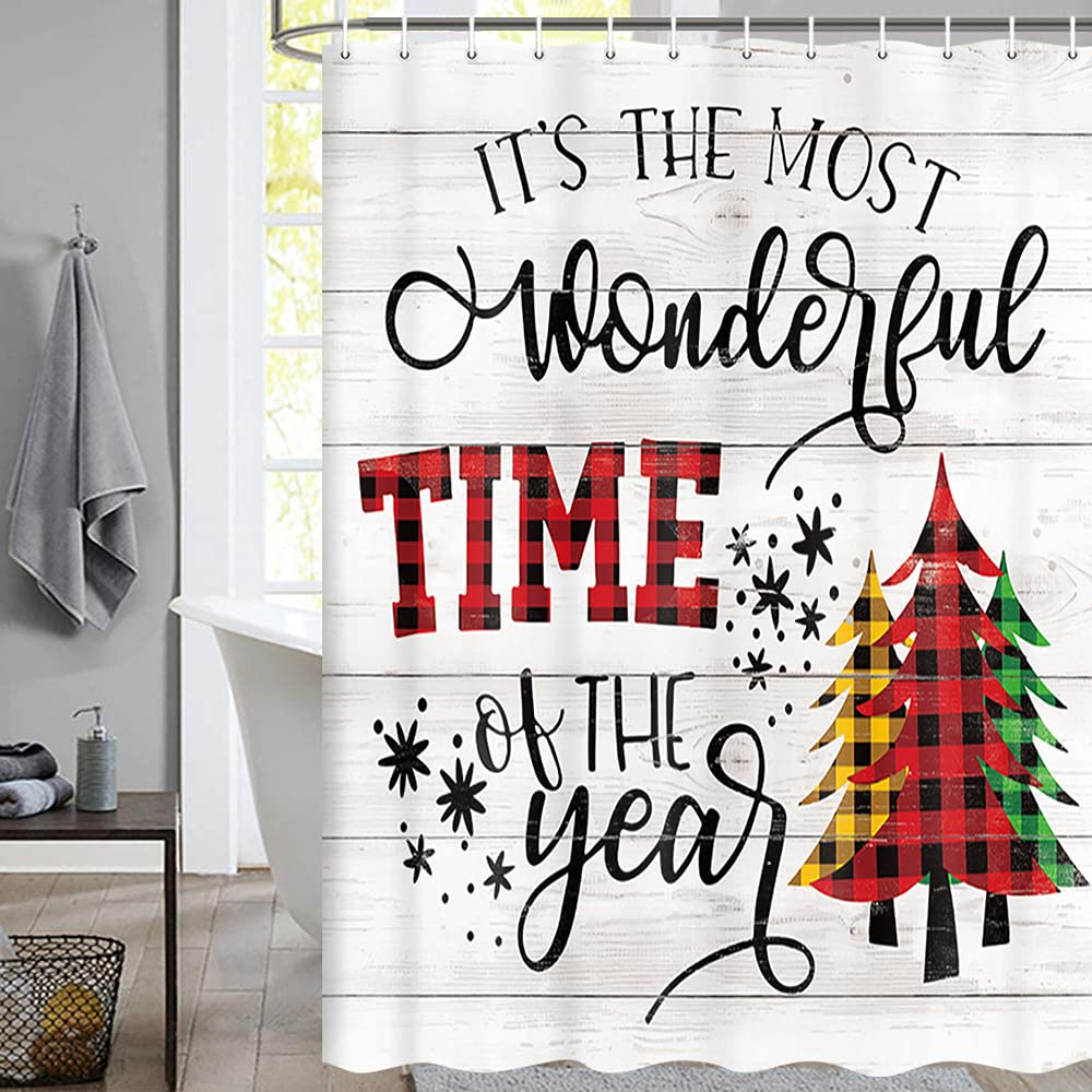 Festive Christmas Shower Curtain - Buffalo Check Plaid With Trees & Snowflakes Farmhouse Style (70x70 Inch) - View #4