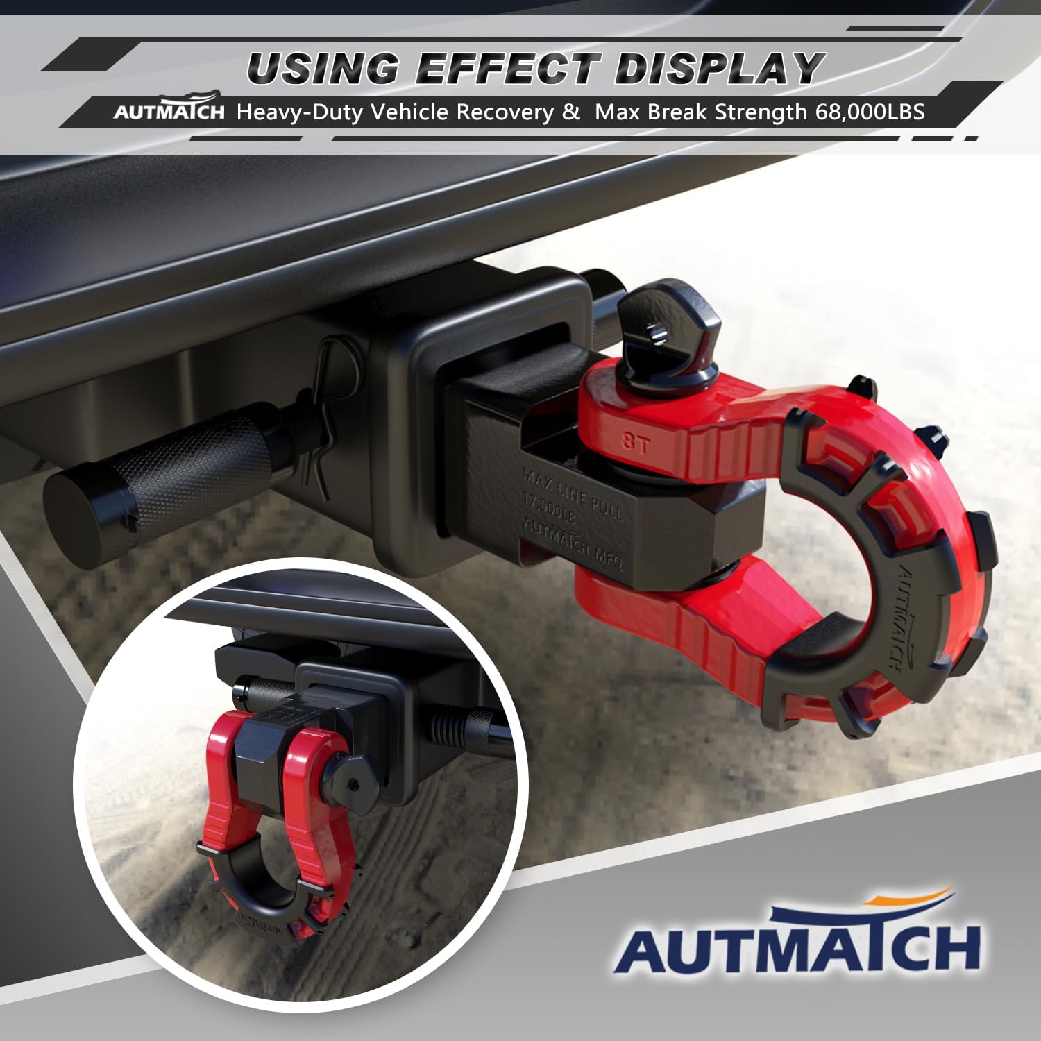 AUTMATCH Shackle Hitch Receiver 2" with 3/4" Mega D Ring Shackle and 5/8" Trailer Hitch Lock Pin, 68,000 Lbs Break Strength Heavy Duty Receiver Towing Kit for Off-Road Vehicle Recovery, Black & Red - Image 8