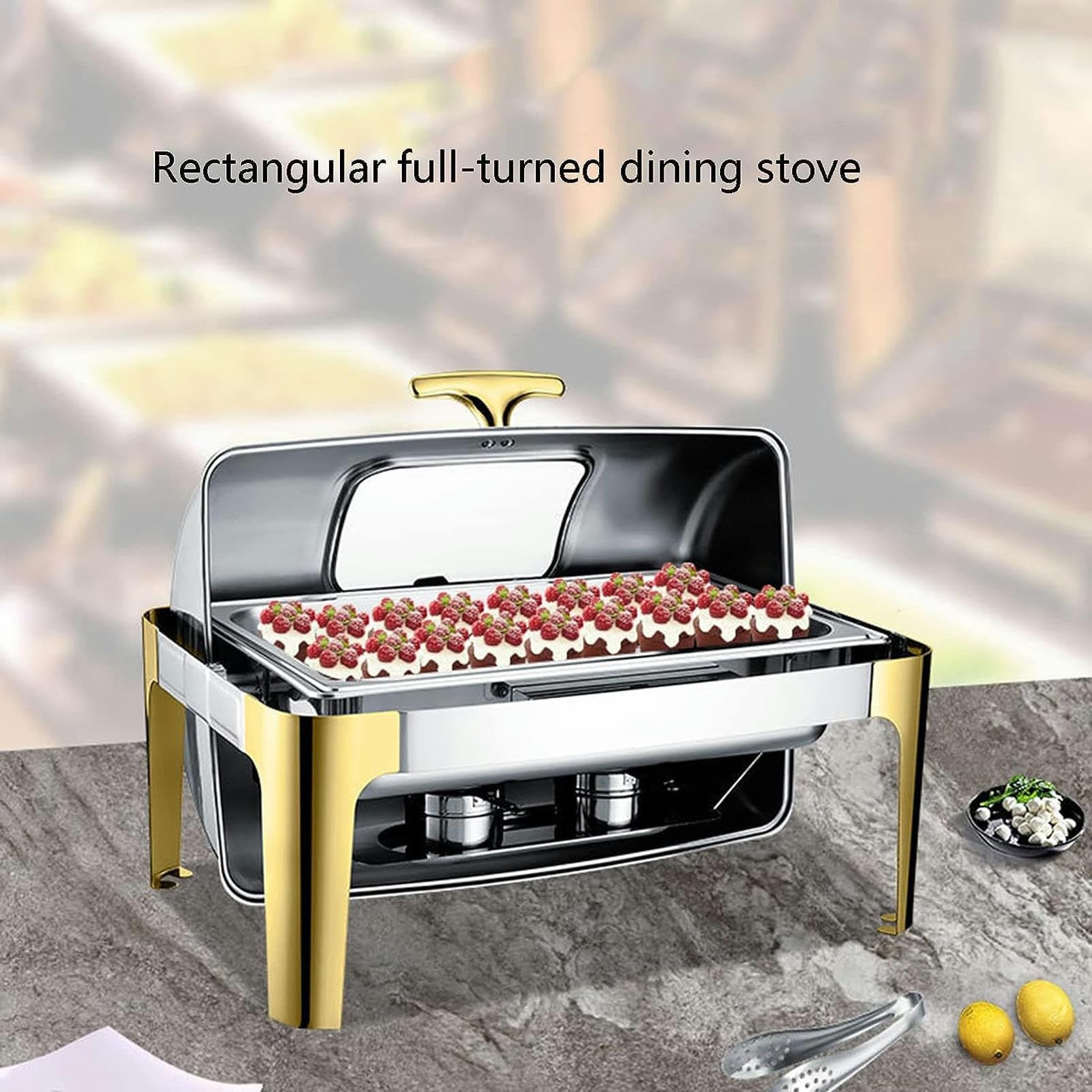 Speisenwärmer für Catering-Events – Speisenwärmer für Partybuffets, rechteckiges Rolltop-Hot-Pot-Buffet-Set, Wassertöpfe, heiße Pfannen, Bankett, Weihnachts-Catering-Speisenwärmer (Silberoptik
