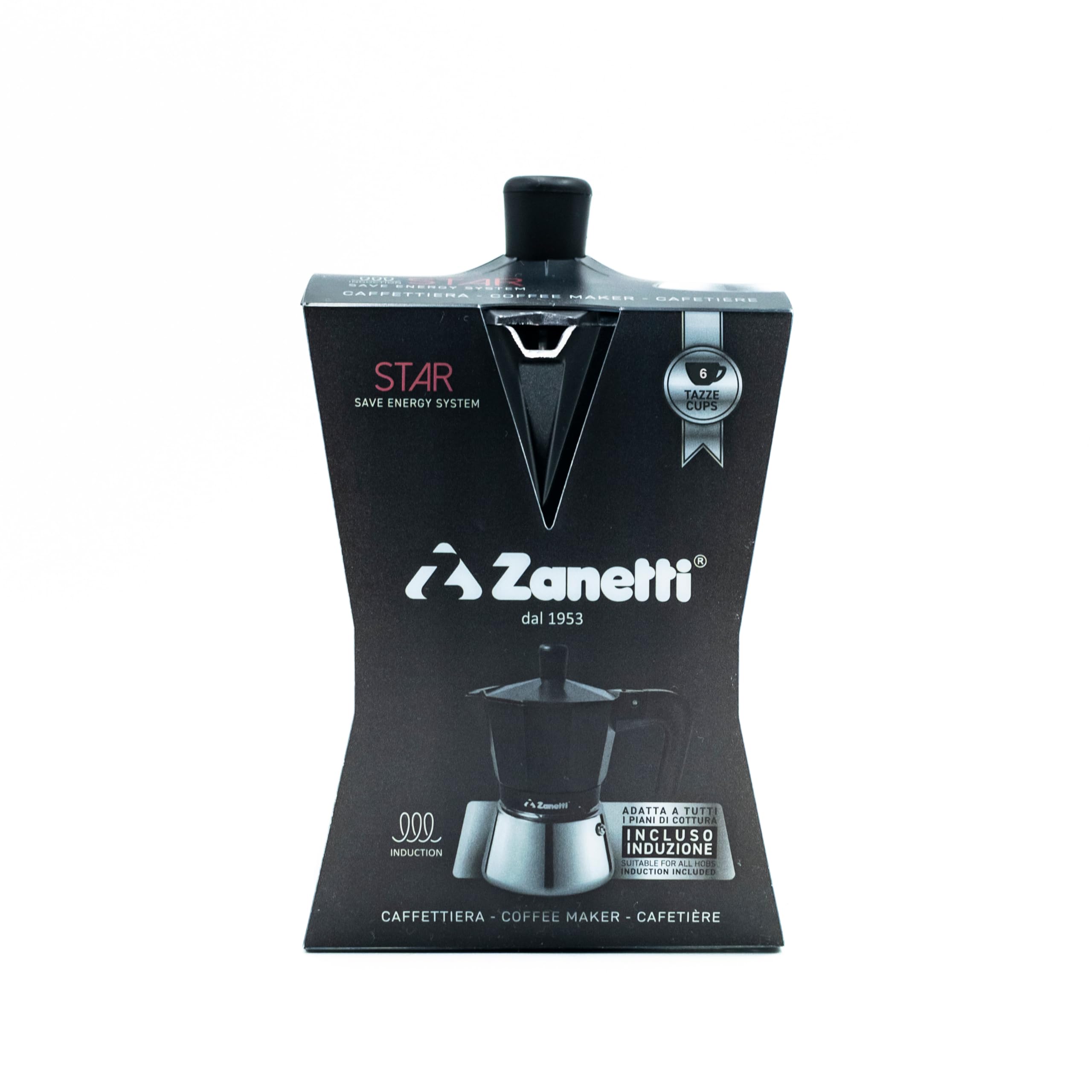 zanetti, Star - Cafetera espresso de inducción, 6 tazas, espresso con hervidor de acero inoxidable y asas ergonómicas, apto para placas de inducción para 6 tazas, color: negro