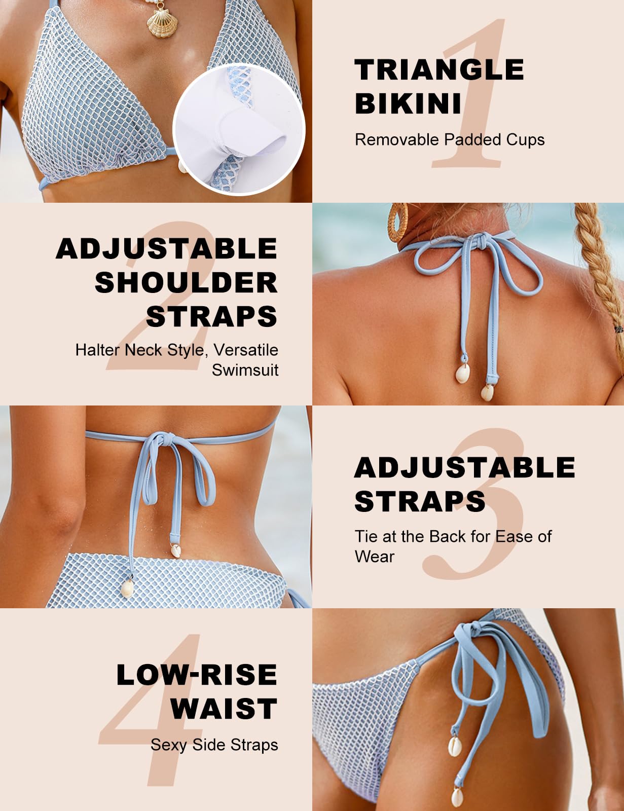 Yuson Girl Bikini damskie, wiązane na szyi, trójkątne bikini, niska talia, seksowne stringi, zestawy bikini dla kobiet, styl brazylijski, regulowany, dwuczęściowy strój kąpielowy