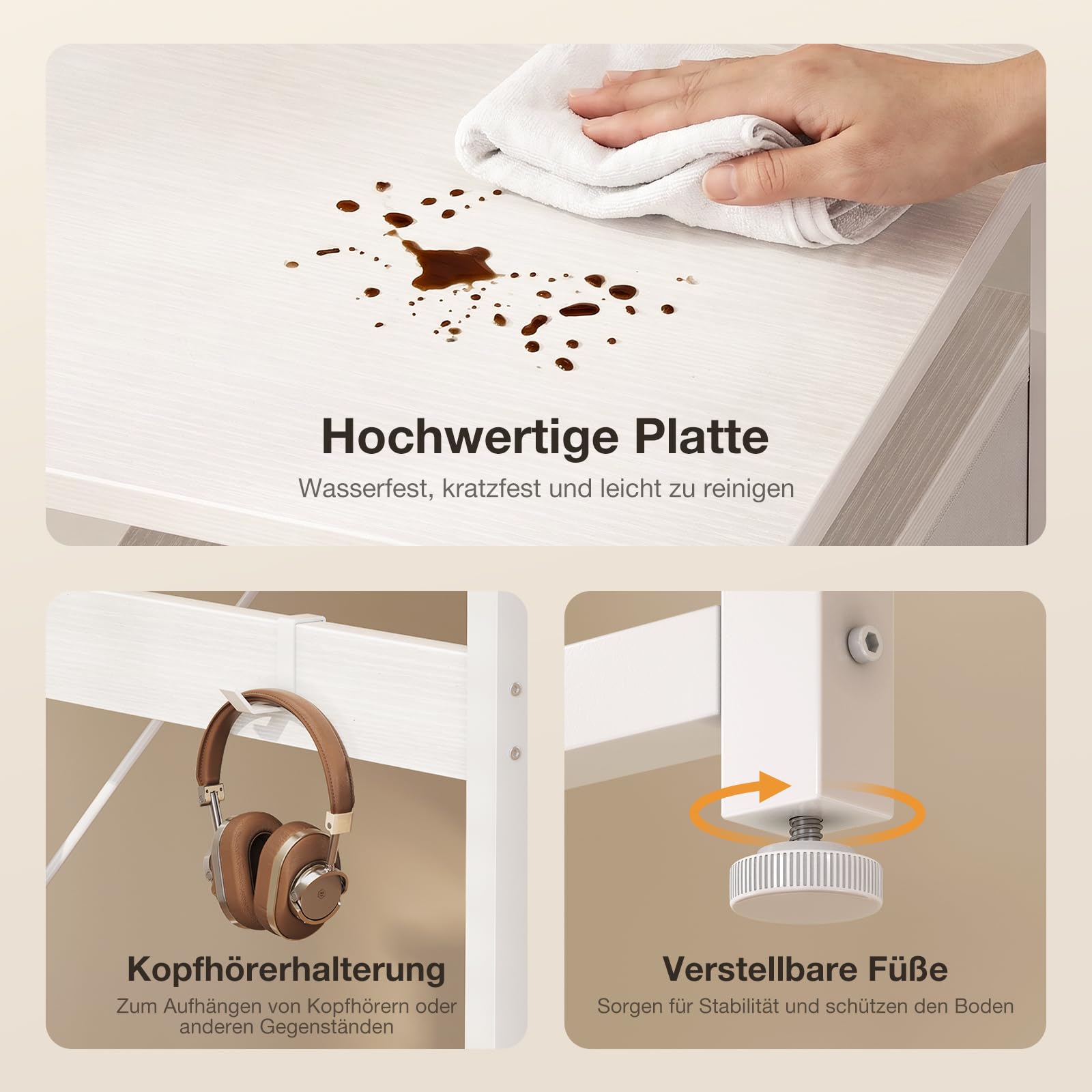 ODK Kleiner Schreibtisch mit 3 Schubladen aus Stoff, 100x48x75,5 cm Computertisch mit 2 Steckdosen und USB-Anschlüssen, Umkehrbarer PC-Schreibtisch Bürotisch für kleines Home Office, Weiß