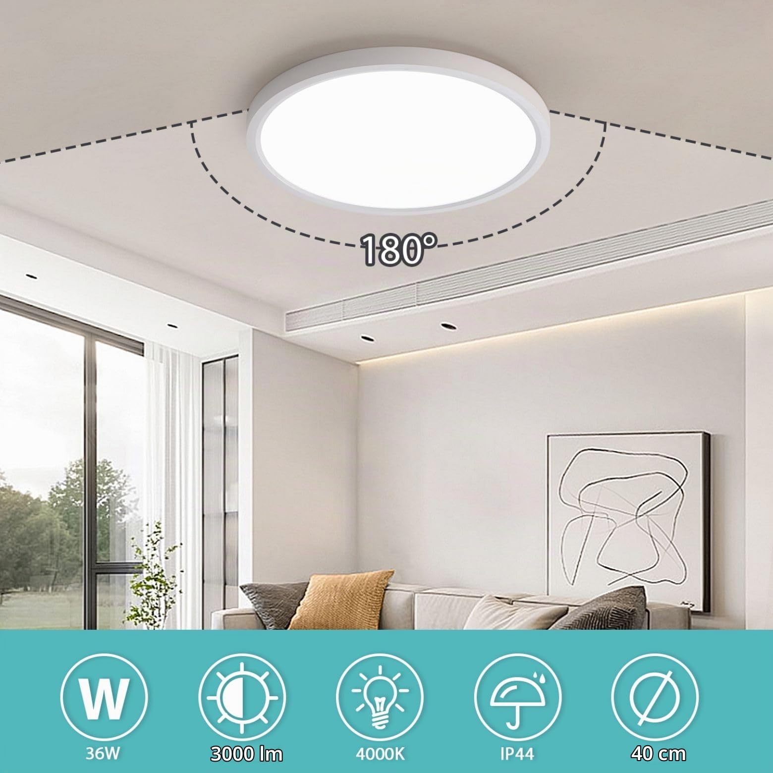 JDONG Lámpara de techo LED 36W Redonda Blanca Plana Ø50CM Moderna Lámpara Blanco Cálido 3000K para Dormitorio Oficina Salón Cocina Sótano Balcón