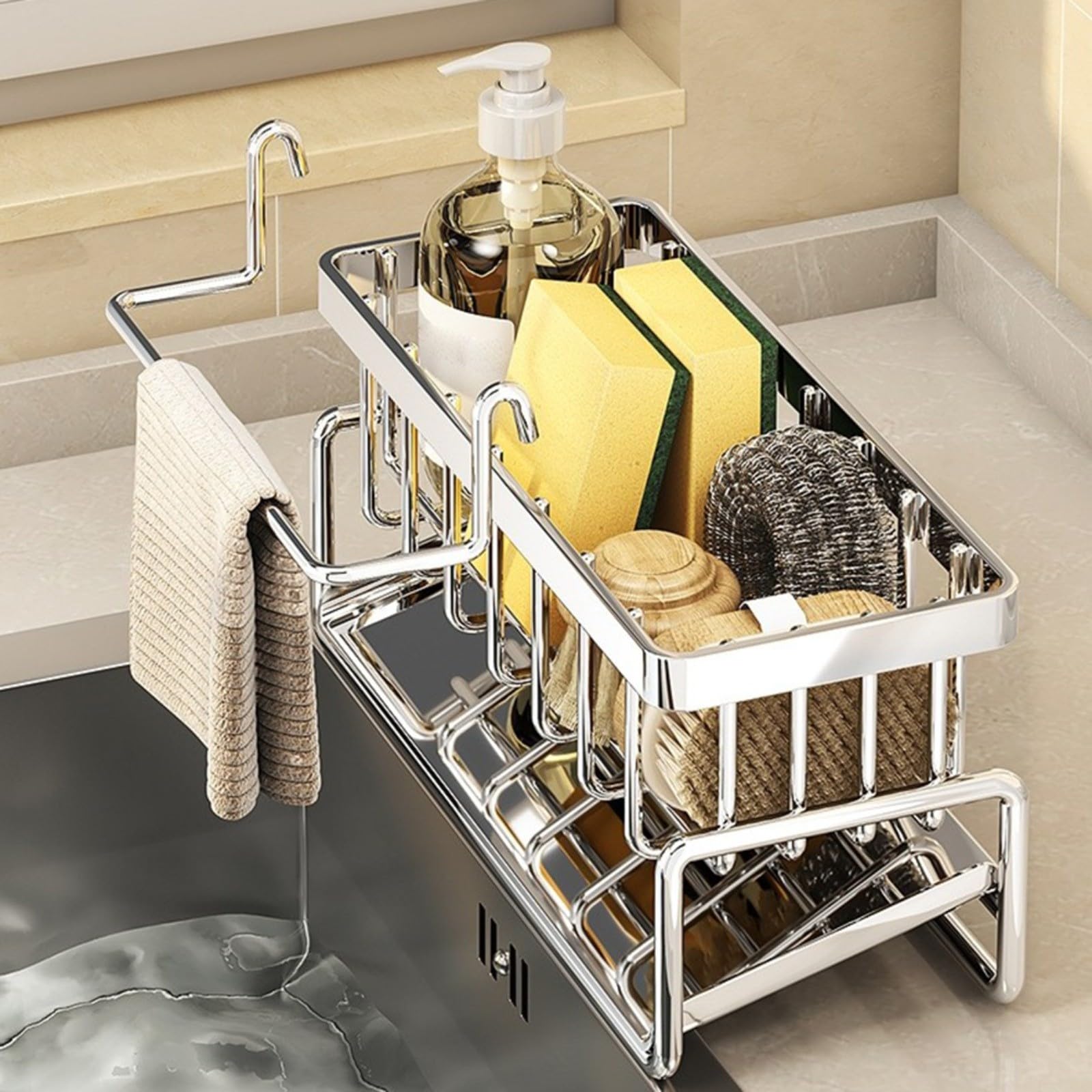 1 scolapiatti in acciaio inox per l'organizzazione della cucina, supporto bianco per spugne, spazzole, strofinacci, mensola moderna da banco (grigio)