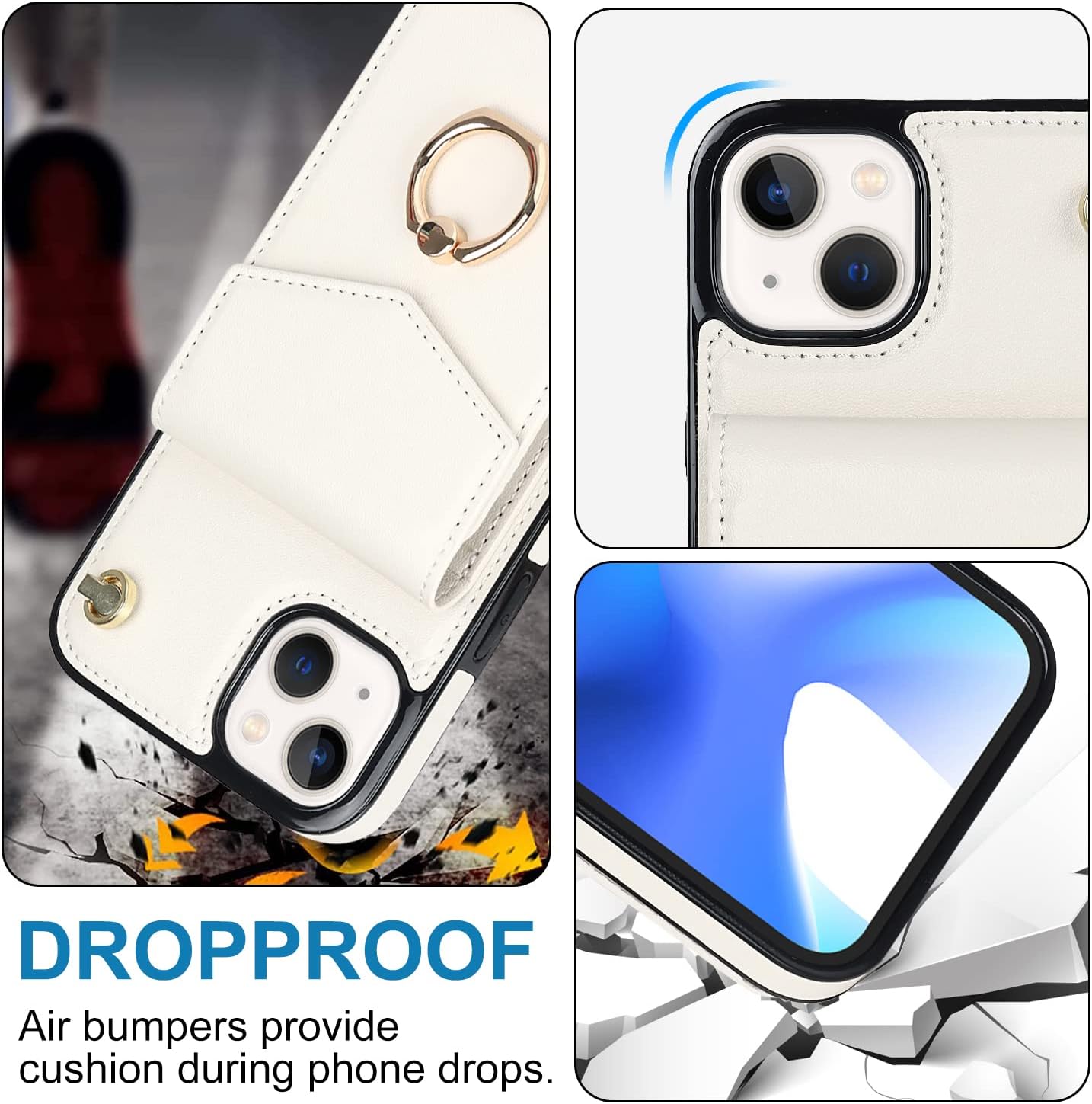 for iPhone 14 Plus Case 6.7 inch, Minimalist Wallet Case with Ring Kickstand and Shoulder Strap, Shockproof Stylish Protective Cover for iPhone 14 Plus -White - Image 4