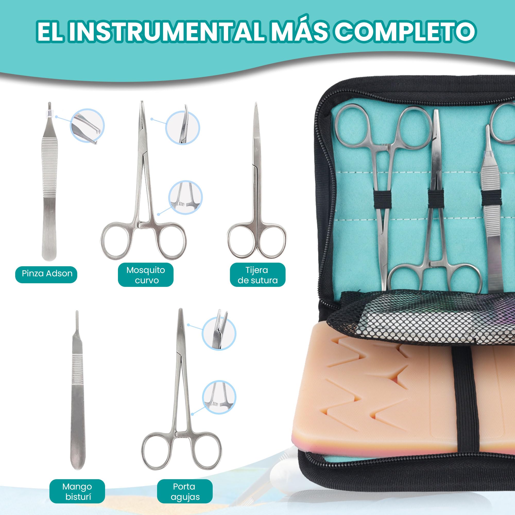 Kit sutura con almohadilla Extra Larga con zona de corte libre - Kit de sutura quirurgica con instrumental completo, para practicar suturas quirurgicas, kit practica sutura