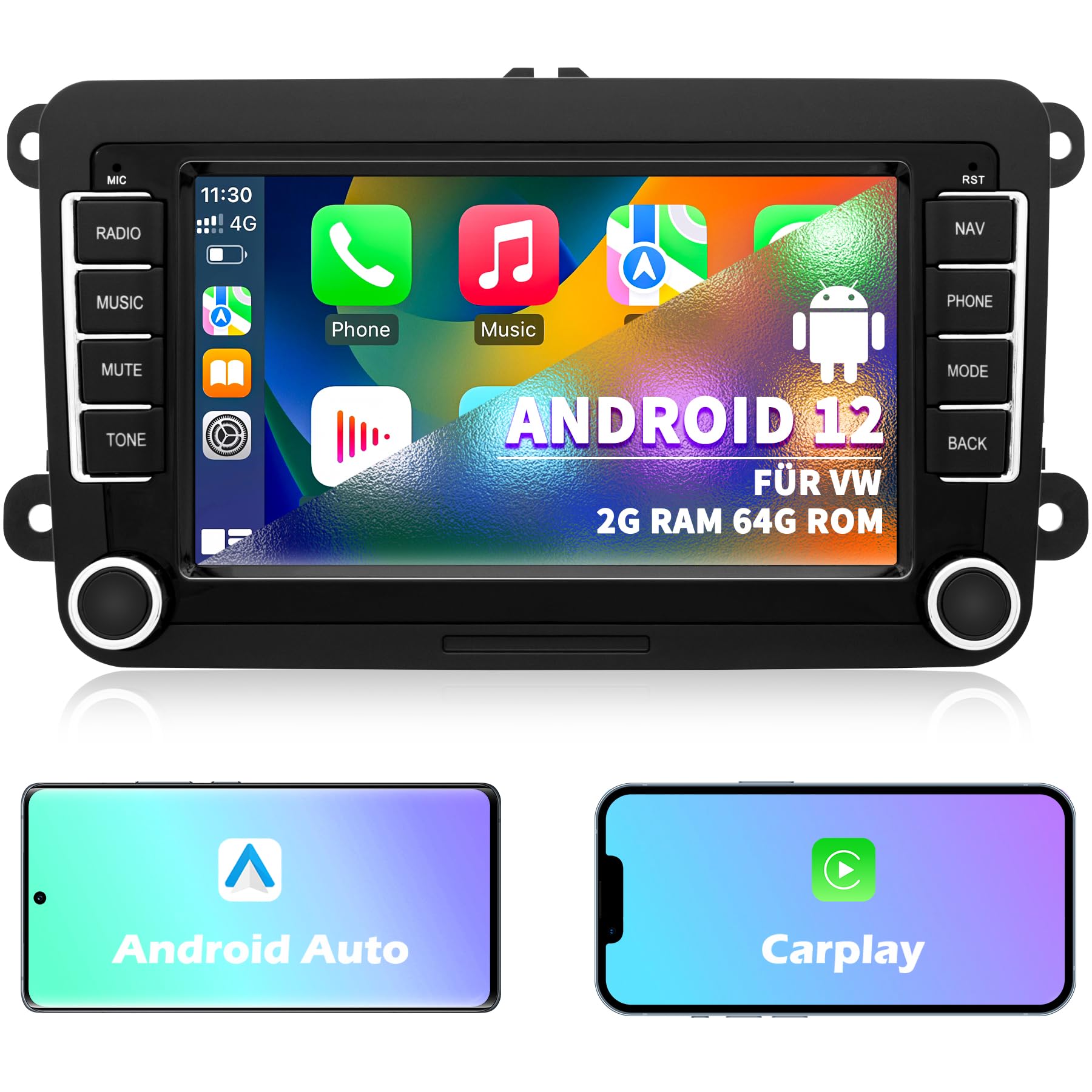 Autoradio für VW Passat Golf Polo Caddy Bettle Touran Tiguan Jetta Seat Skoda, Android 12 System 2G+64G, 7 Zoll Touchscreen Carplay Android Auto Bildschirm GPS Navi WiFi Bluetooth FM RDS Radio