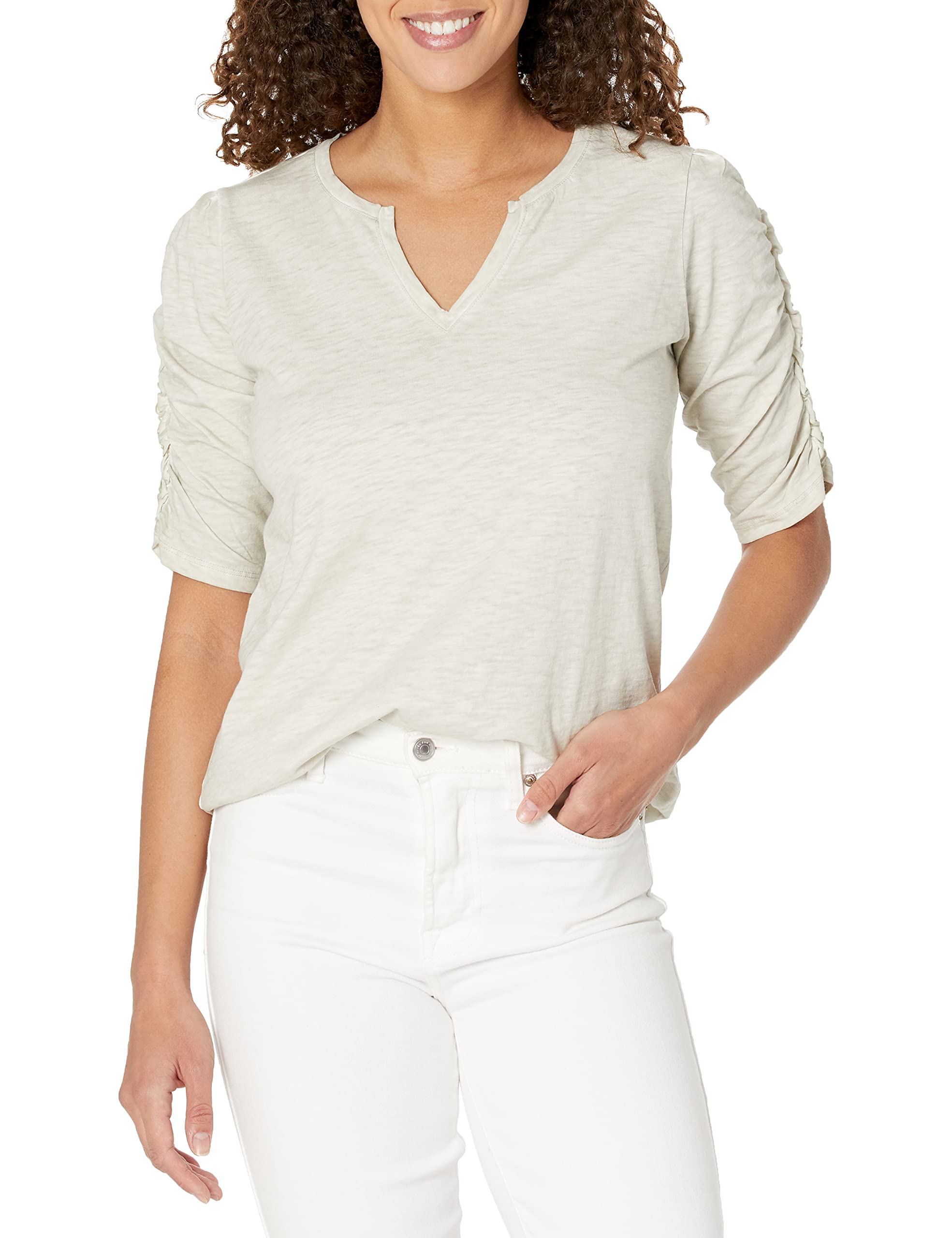 Women's Ruched Elbow SLV Split Neck