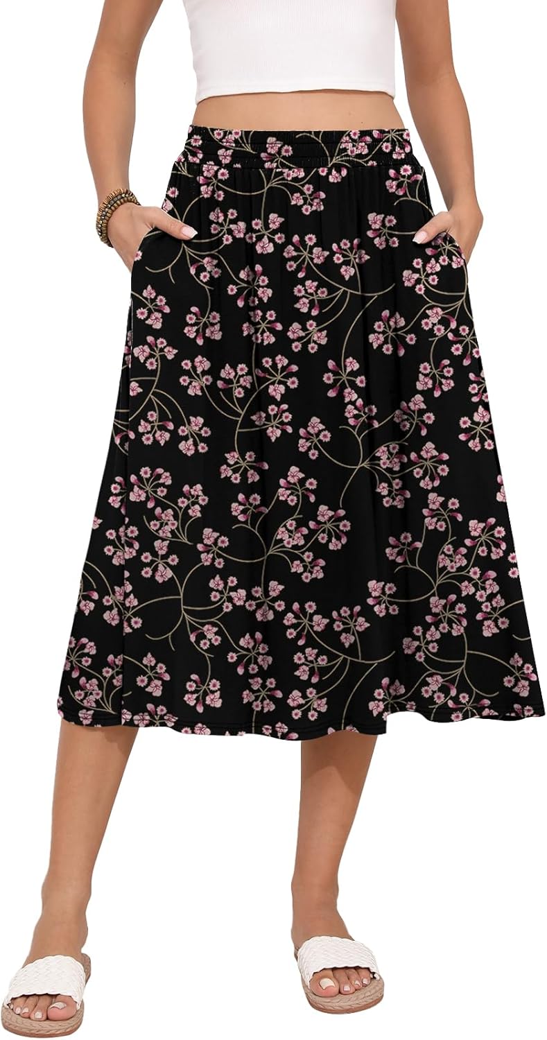 Women's Midi Skirt Summer Flowy Elastic High Waisted Casual Pleated Skirts with Pockets - Image 2