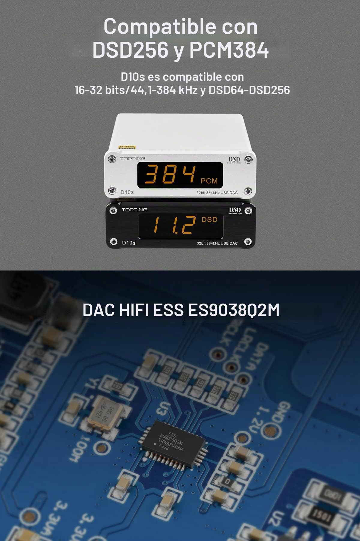 Topping D10s Mini USB DAC ES9038Q2M XMOS XU208 PCM384kHz DSD256 Amplificador de audio nativo Decodificador Negro