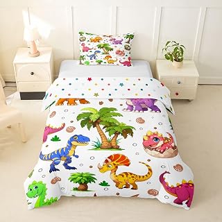 Erosebridal Cartoon Dinosaur Bedding Set Twin Kawaii Dino Duvet Cover Dinosaur Egg Comforter Cover for Kids Boys Teens Adults Wild Animals Tropical Palm Tree Bed Set