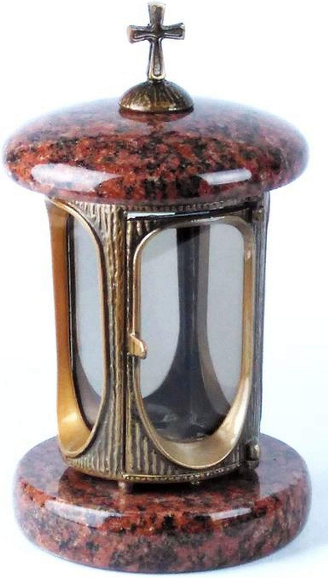 Designgrab grave lantern brass colored aluminium body with cross in granite Vanga