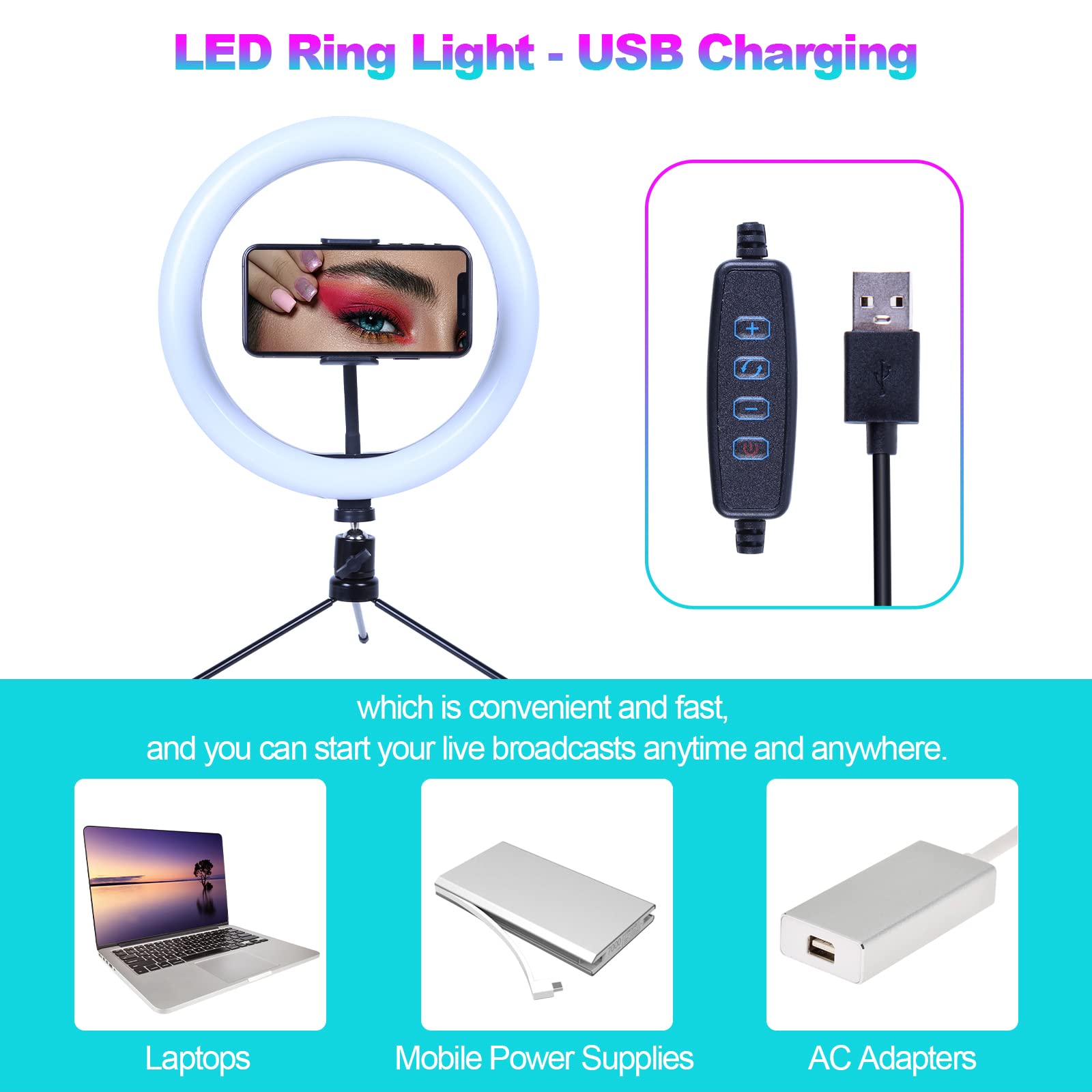 AGM 10" LED Selfie Ringlicht mit Mini-Tischstativ, Telefonhalter | Bluetooth-Fernbedienung für Live-Streaming-Fotografie Videografie…