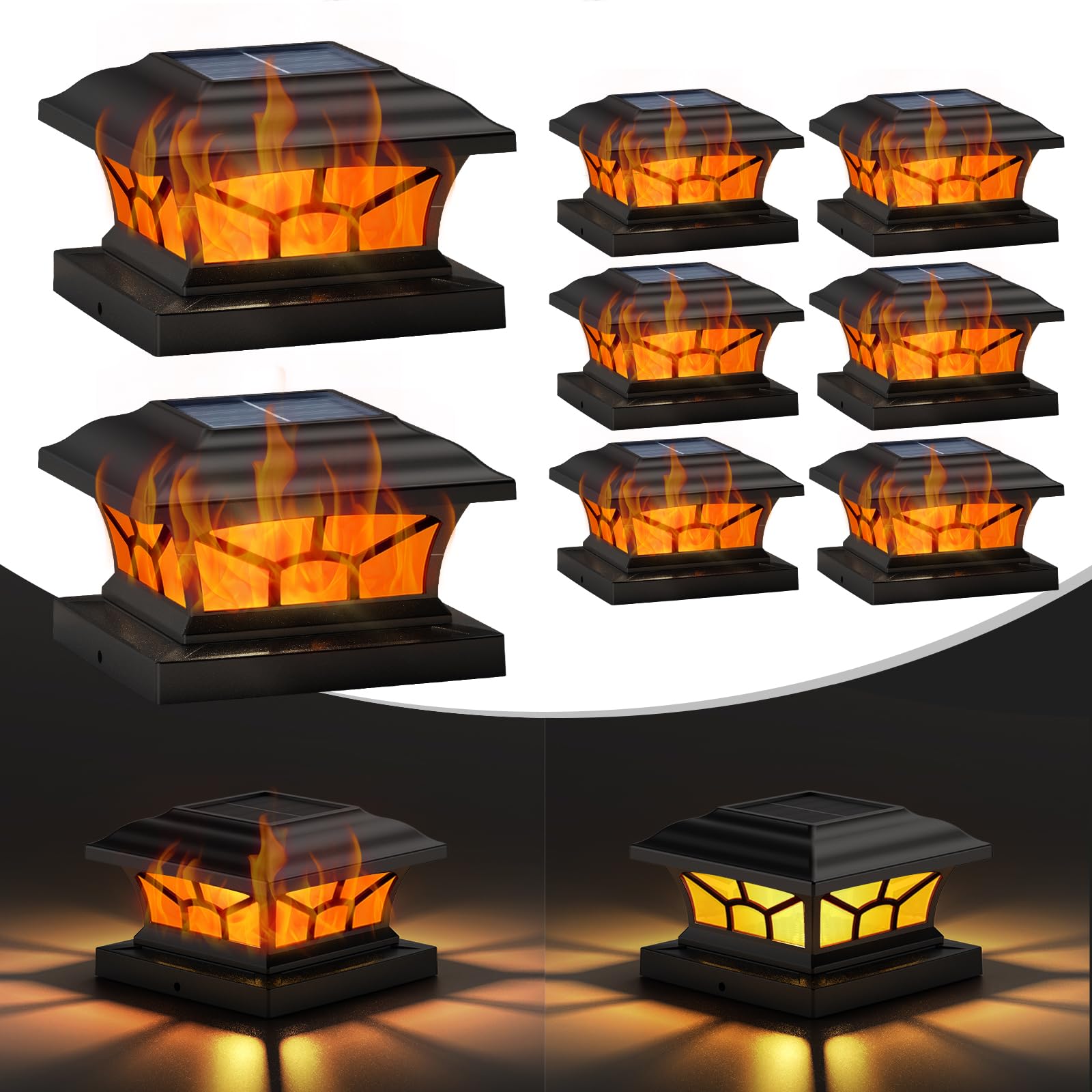 8 Stück Solar-Pfostenkappenleuchten für den Außenbereich, flackernde Flamme und warmweiß, passend für 4 x 4, 5 x 5, 6 x 6 Holz- oder Vinylpfosten, wasserdichte Solar-Zaundeck-Leuchten für Hof