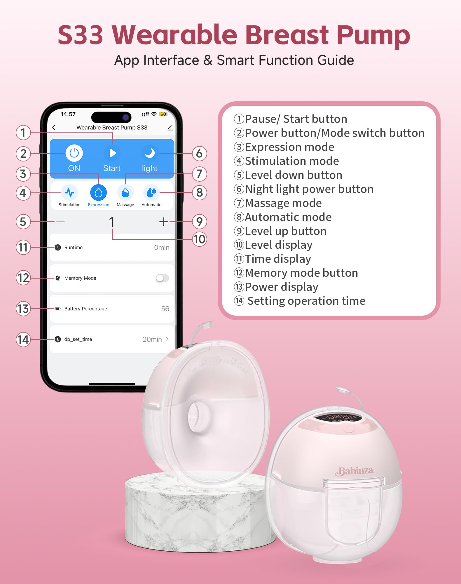 Tiralatte indossabile, flusso mobile aggiornato a mani libere, S33, controllo discreto con app con 3 modalità e 15 livelli, tiralatte elettrico portatile con flangia da 17/19/21/24 mm, design a prova